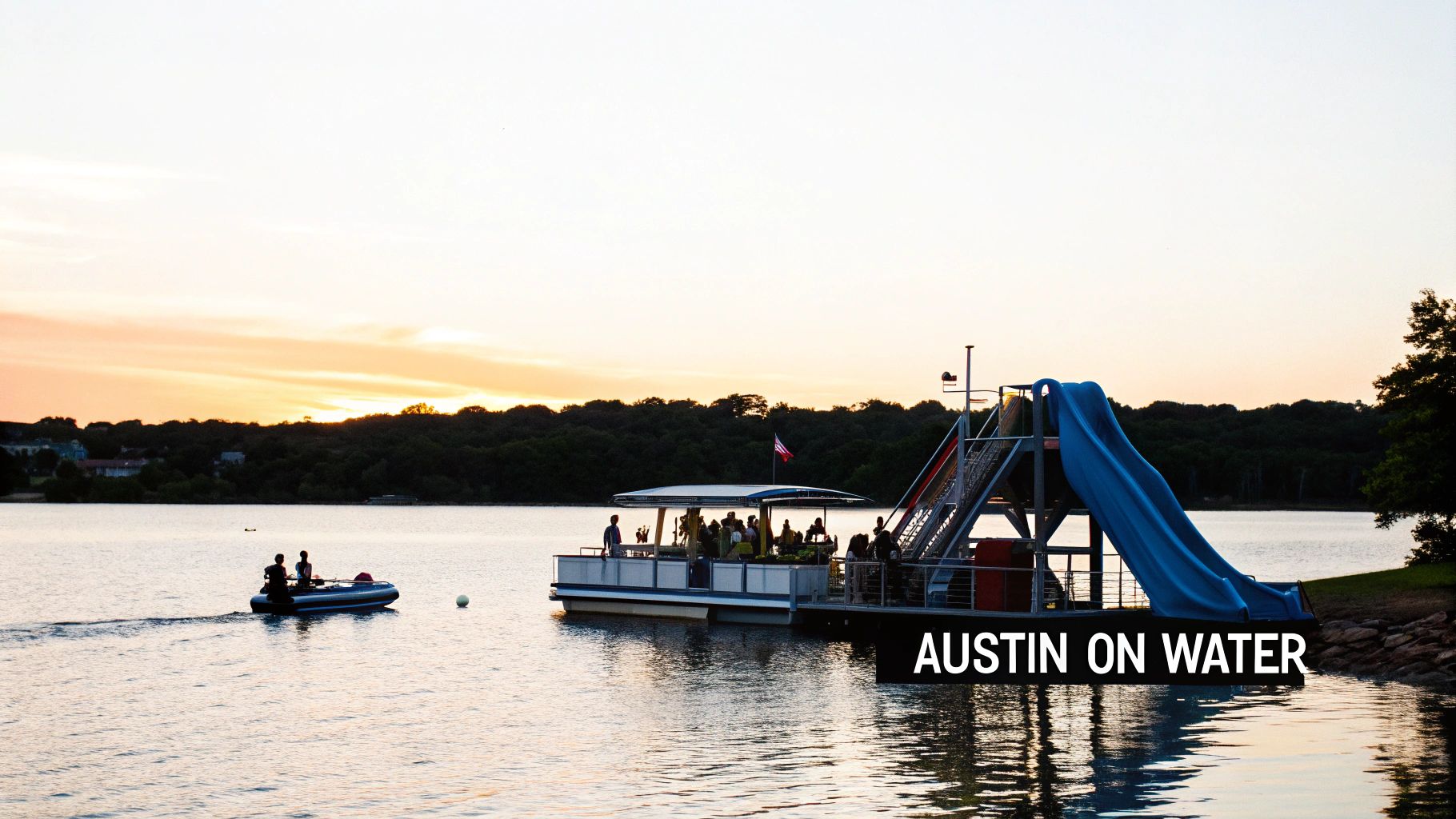Scenic sunset on an Austin lake featuring a large party boat with a slide and people.