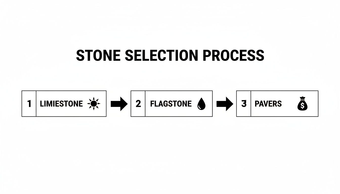 Flowchart showing a three-step stone selection process: Limestone, Flagstone, and Pavers, with associated icons.