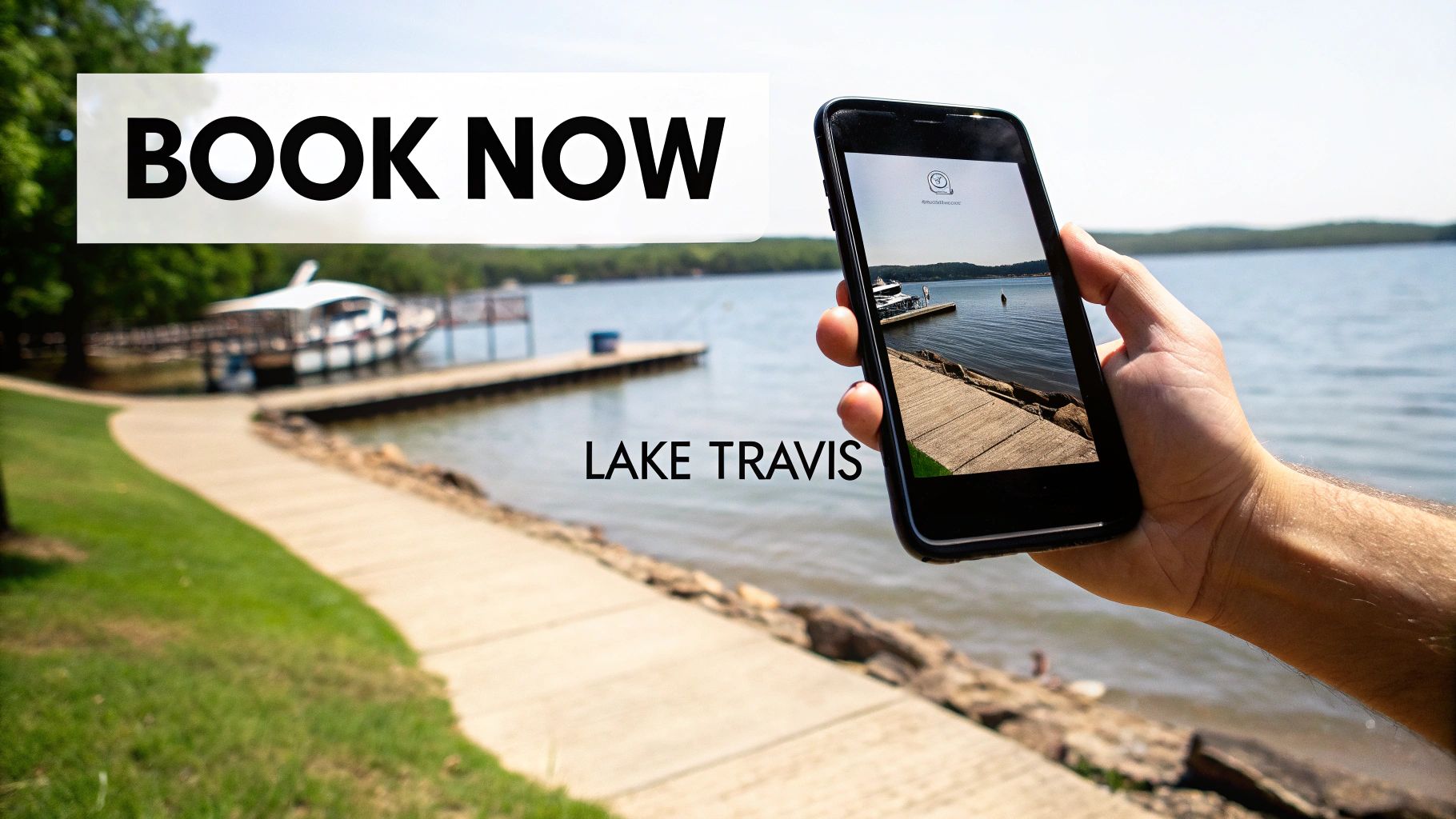 A hand holds a smartphone displaying a boat on Lake Travis, next to a 'BOOK NOW' sign.