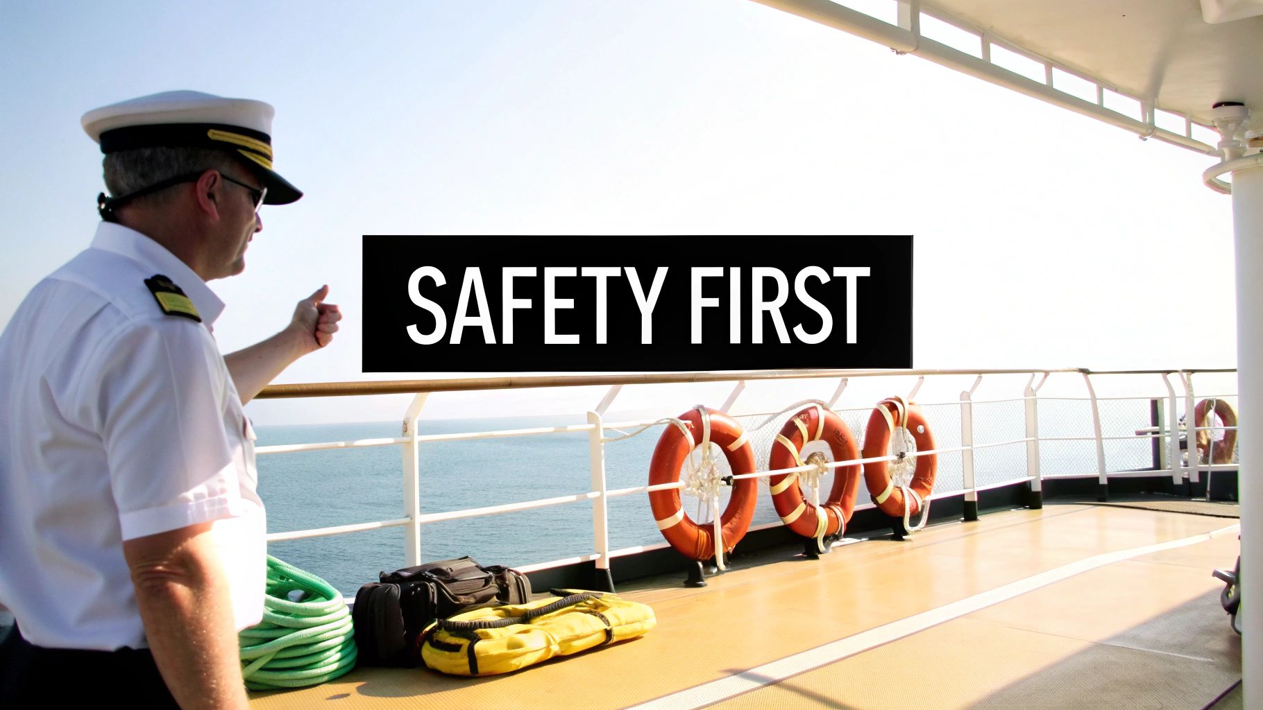 A captain giving a thumbs-up on a ship's deck, with lifebuoys and a prominent "SAFETY FIRST" banner.