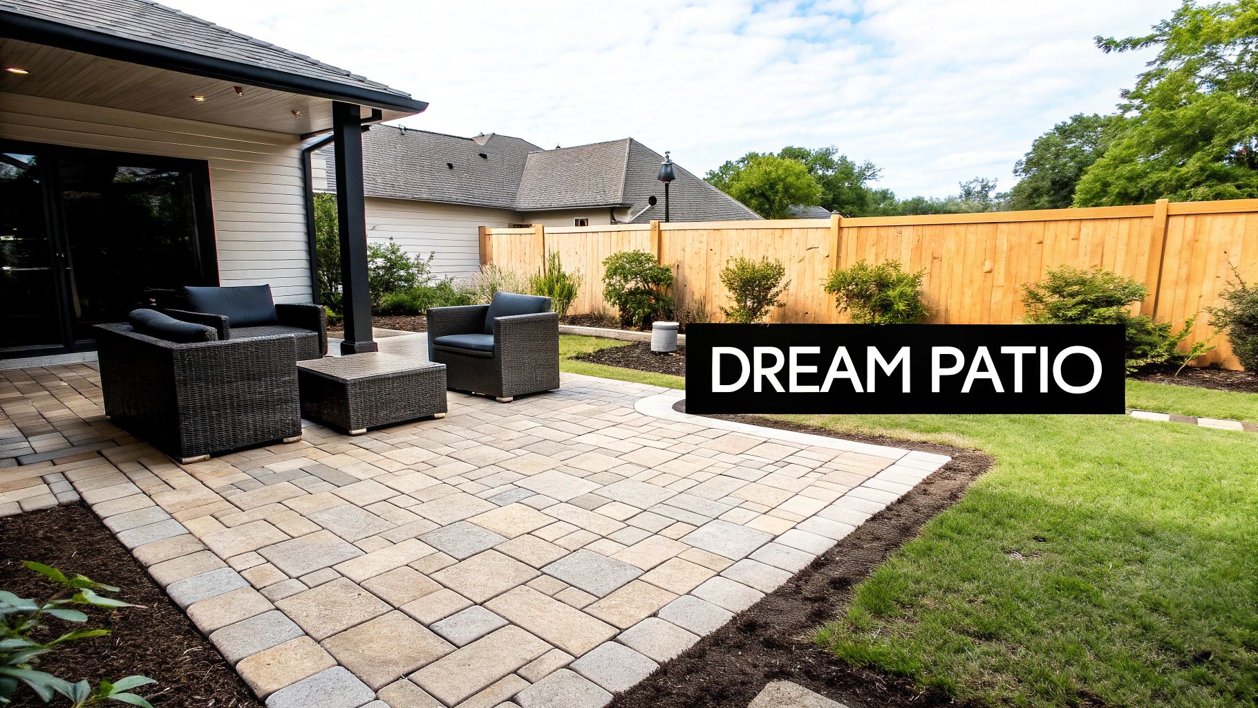 A newly installed stone paver patio featuring stylish outdoor wicker furniture next to a modern home.