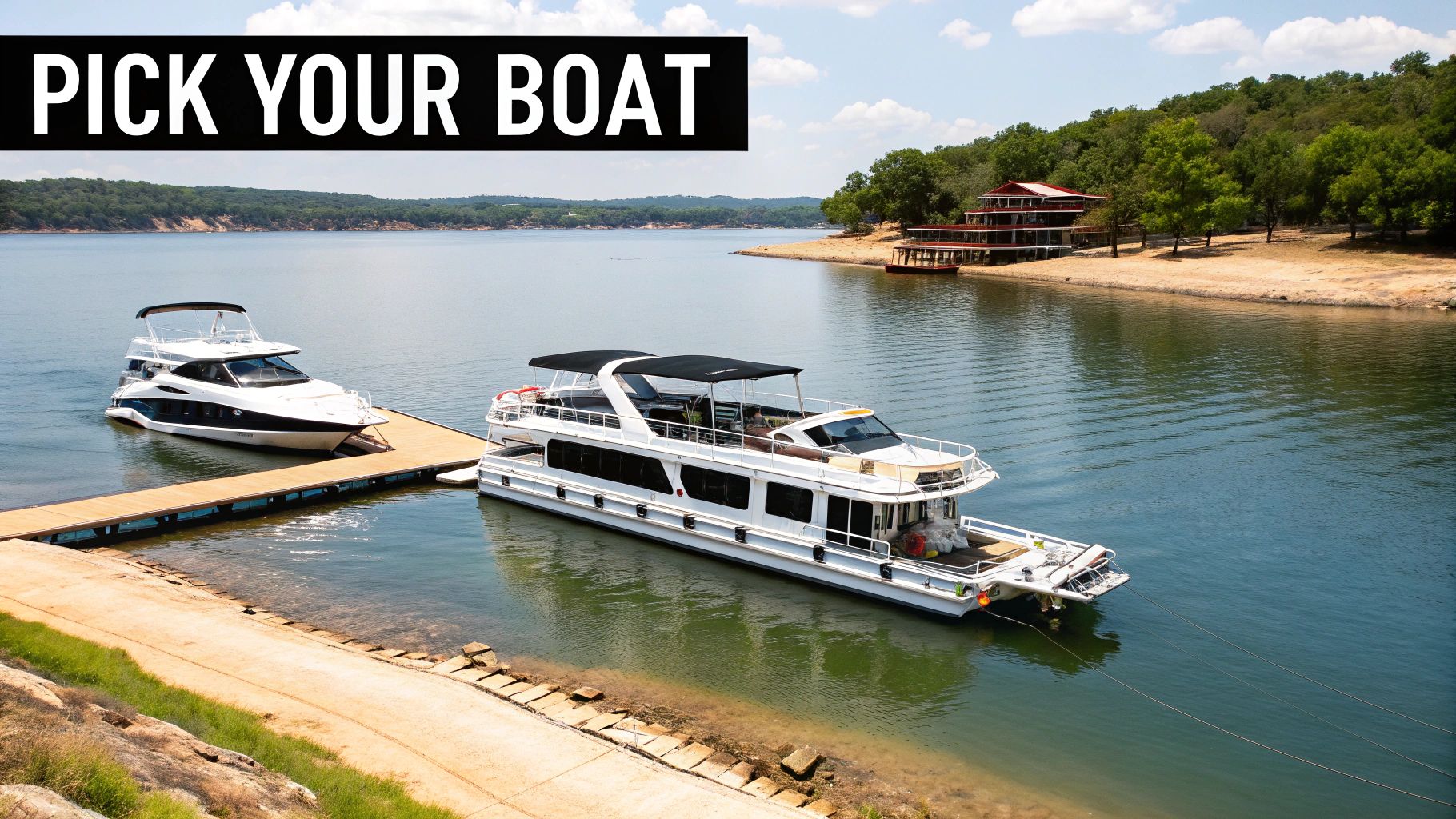 Two diverse boats, a sleek yacht and a spacious houseboat, docked at a pier on a scenic lake.
