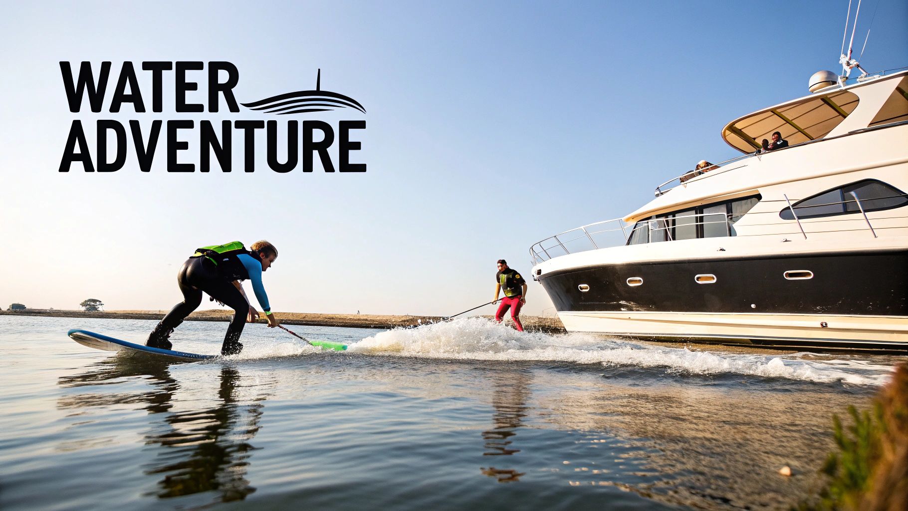Two people enjoying water sports, wakeboarding or paddleboarding behind a yacht on a sunny day.