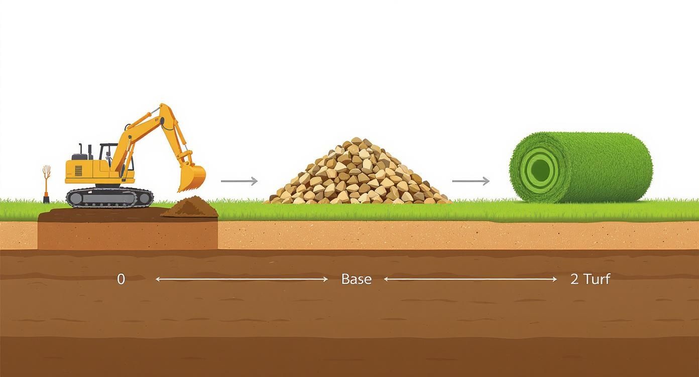 Illustration of turf installation process: ground excavation, base material, and rolled turf.