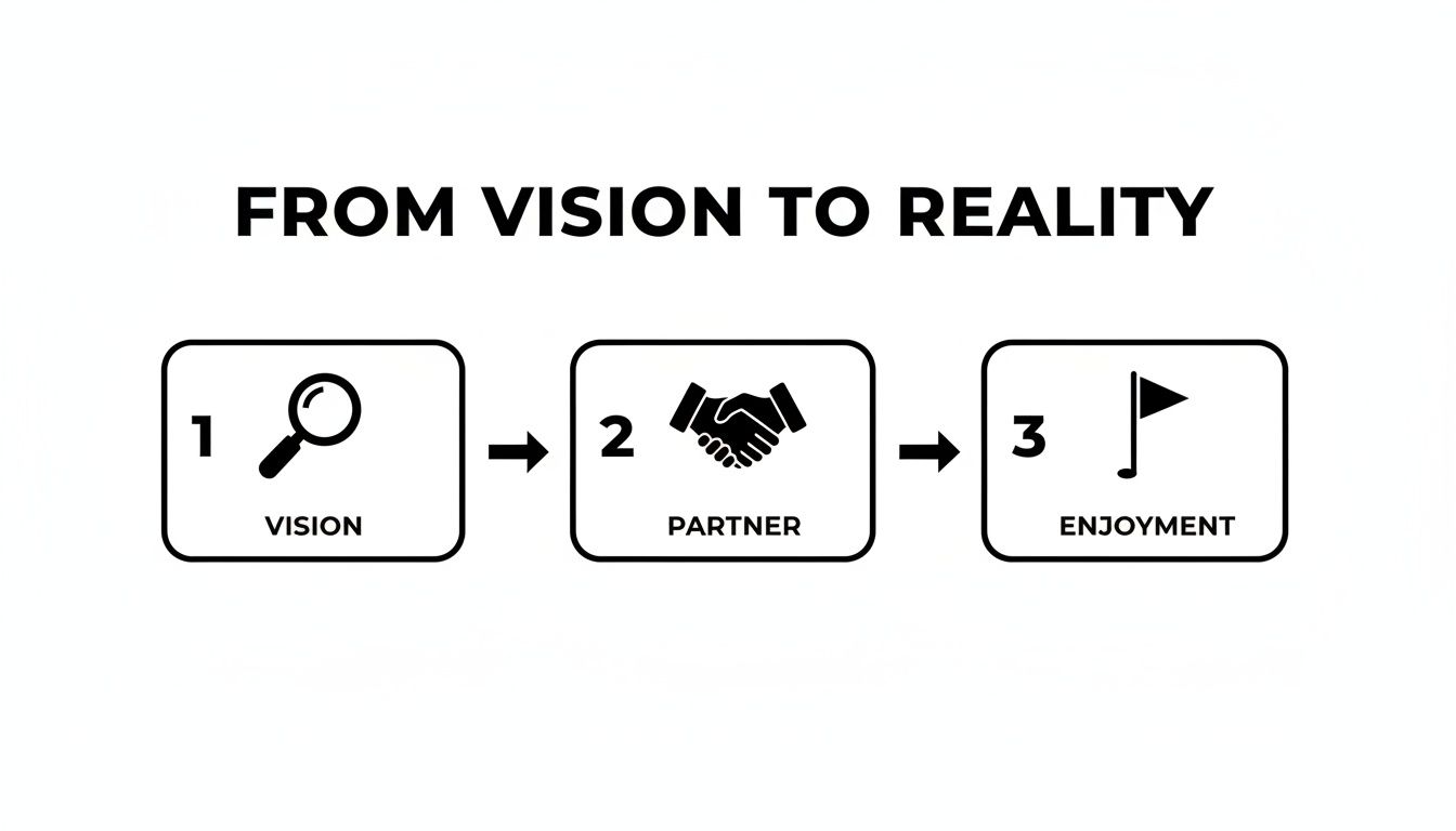 Three-step process diagram titled 'FROM VISION TO REALITY' showing vision, partner, and enjoyment.