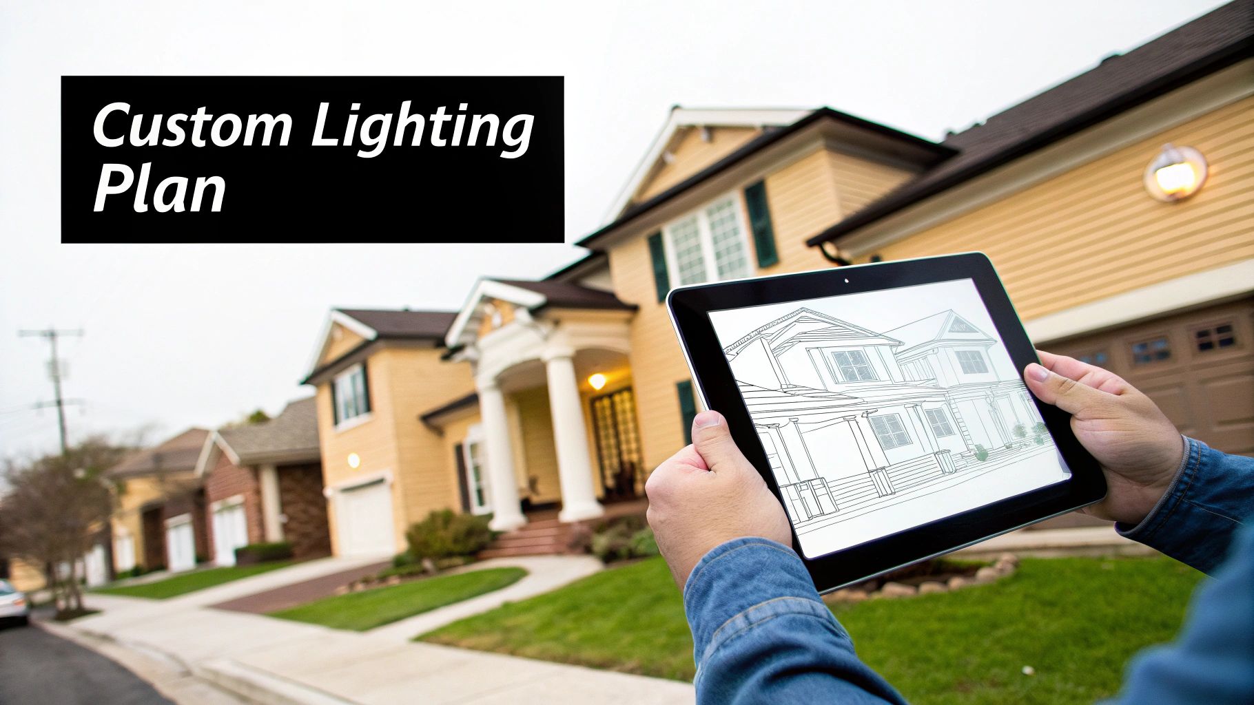 Person holding a tablet showing a house design sketch with 'Custom Lighting Plan' text overlay, in front of a modern house.