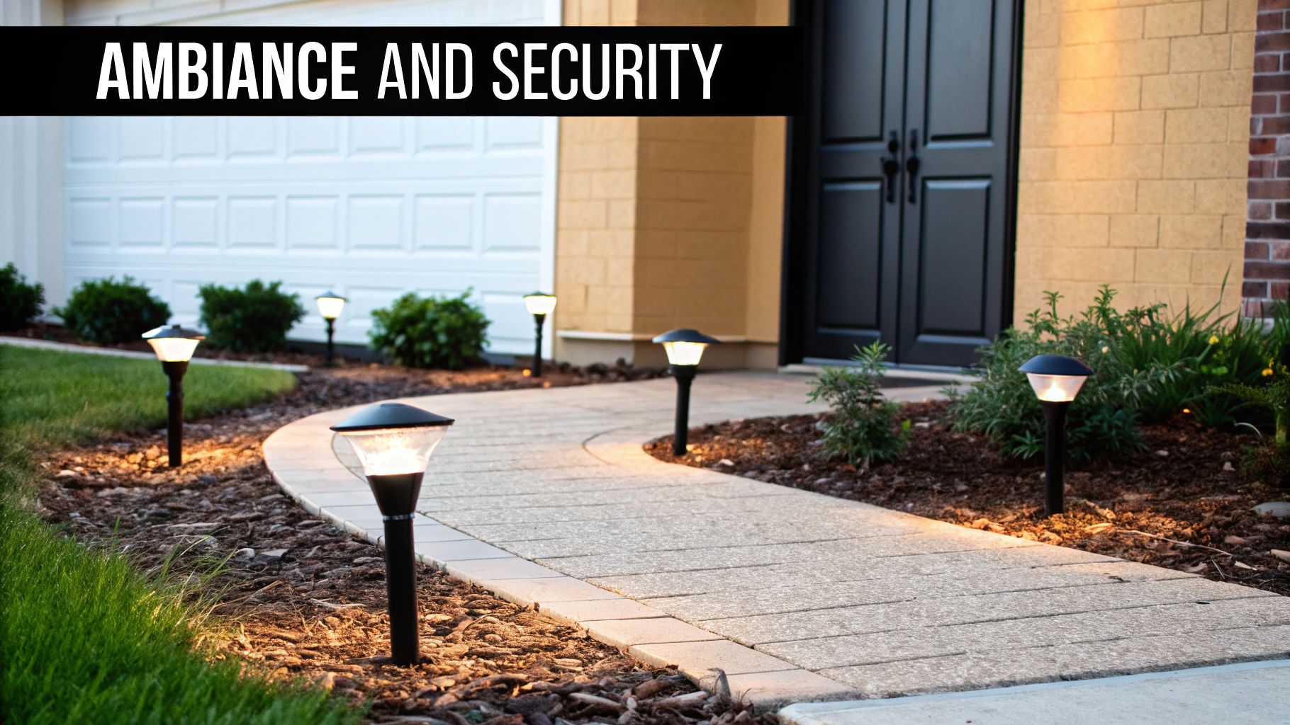 Pathway lined with illuminated landscape lights leading to a house entrance at dusk, emphasizing ambiance and security.