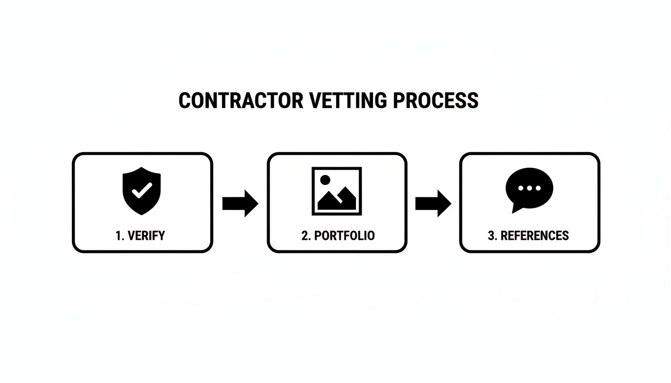 Diagram illustrating the contractor vetting process, showing three steps: verify, portfolio, and references with icons.