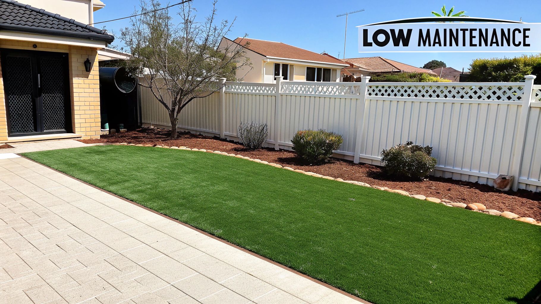 A pristine artificial grass lawn in an Austin backyard, featuring modern landscaping.