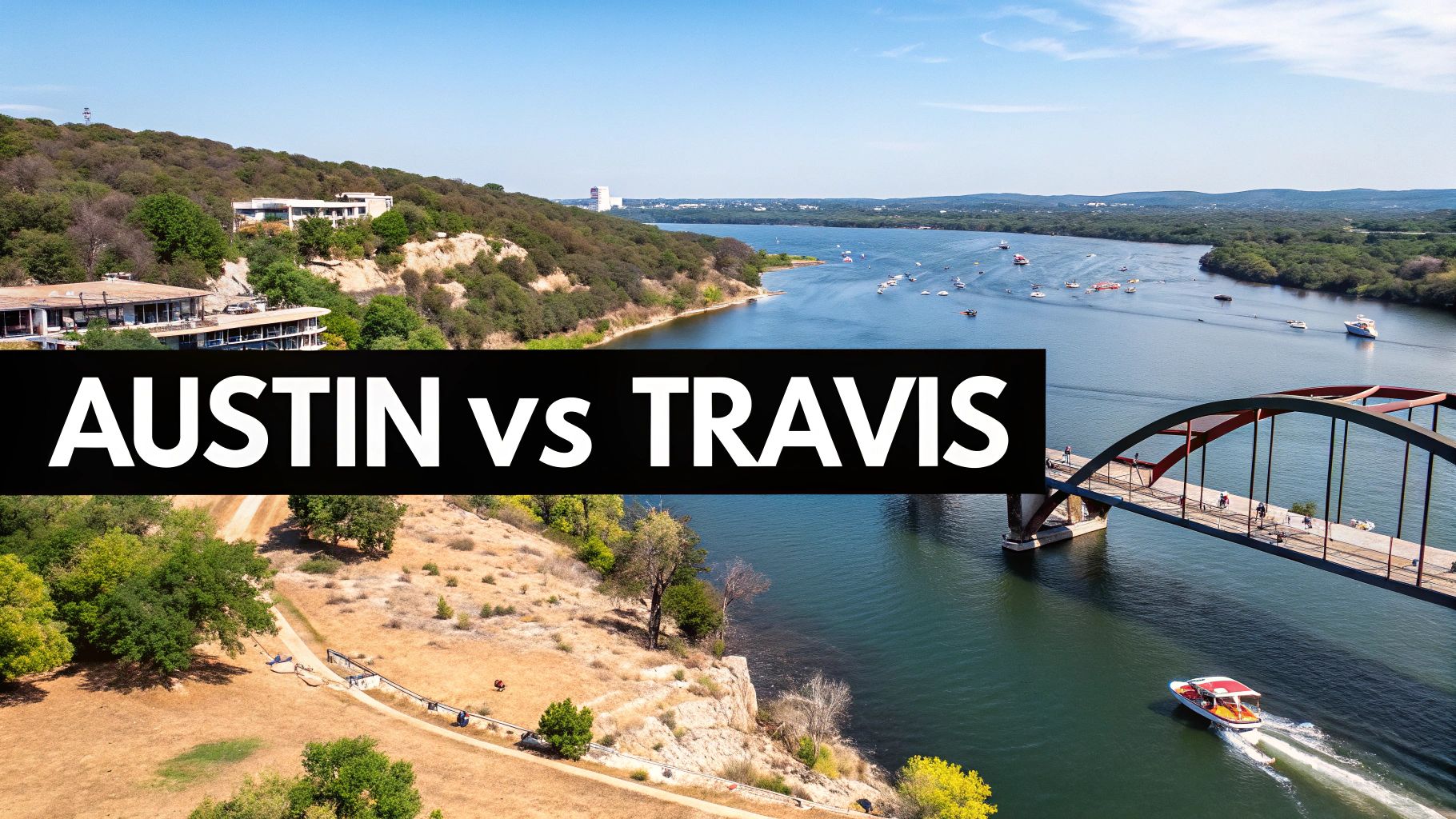 A stunning aerial view of boats on Lake Travis, showing its vast, open waters and party atmosphere.