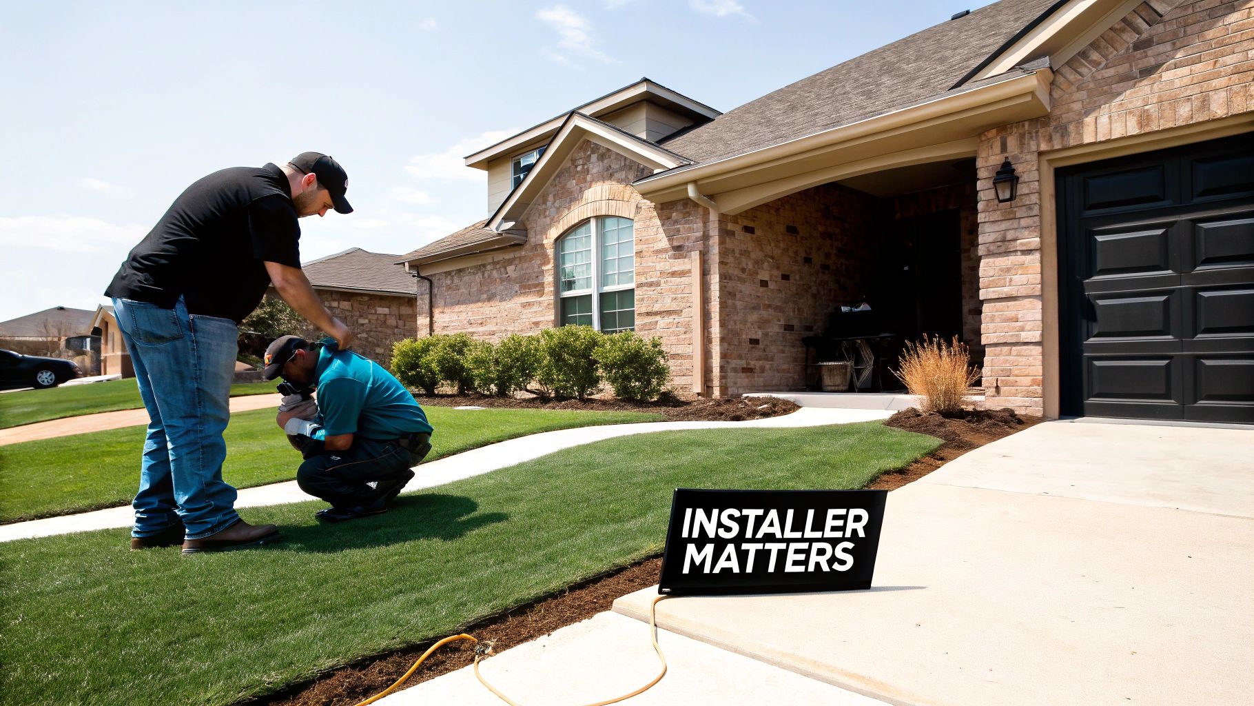 A pristine artificial turf lawn in a Lakeway backyard, showcasing a professional installation with clean edges and a natural look.