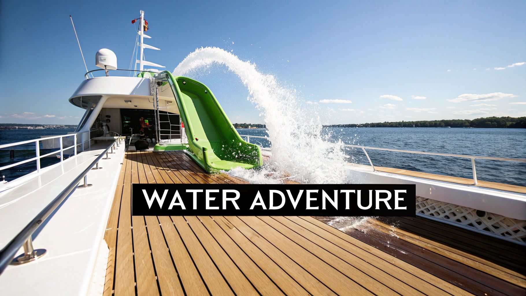A luxurious yacht on the water with a vibrant green water slide splashing water on the deck.