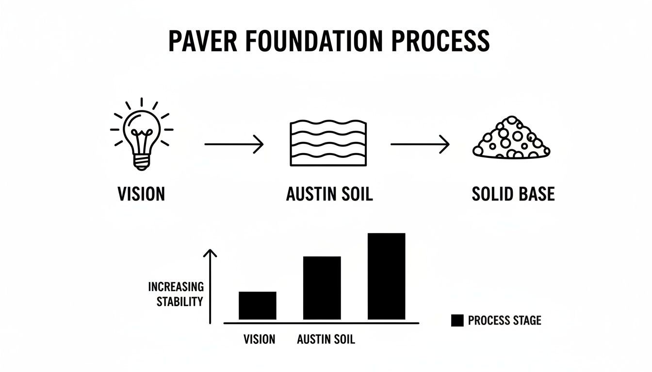 Diagram illustrating the paver foundation process with stages: Vision, Austin Soil, and Solid Base, showing increasing stability.