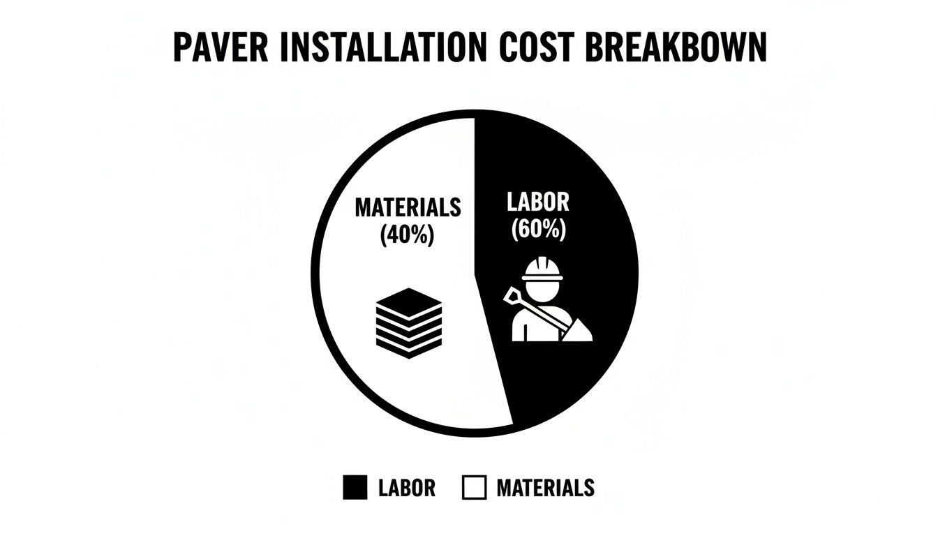 Pie chart illustrating paver installation cost breakdown: 60% for labor and 40% for materials.