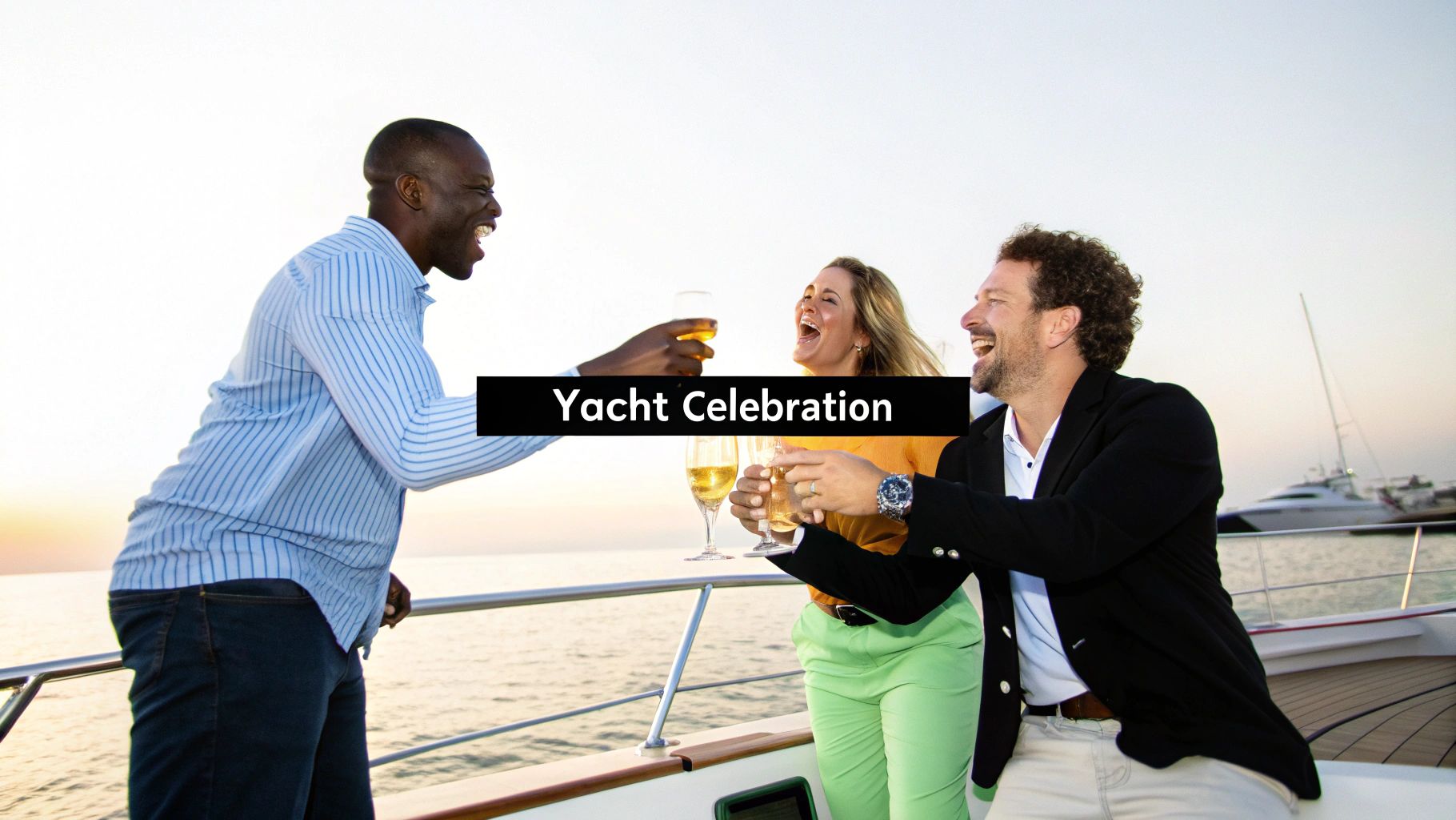 Three happy friends on a yacht, laughing and toasting with drinks at sunset.