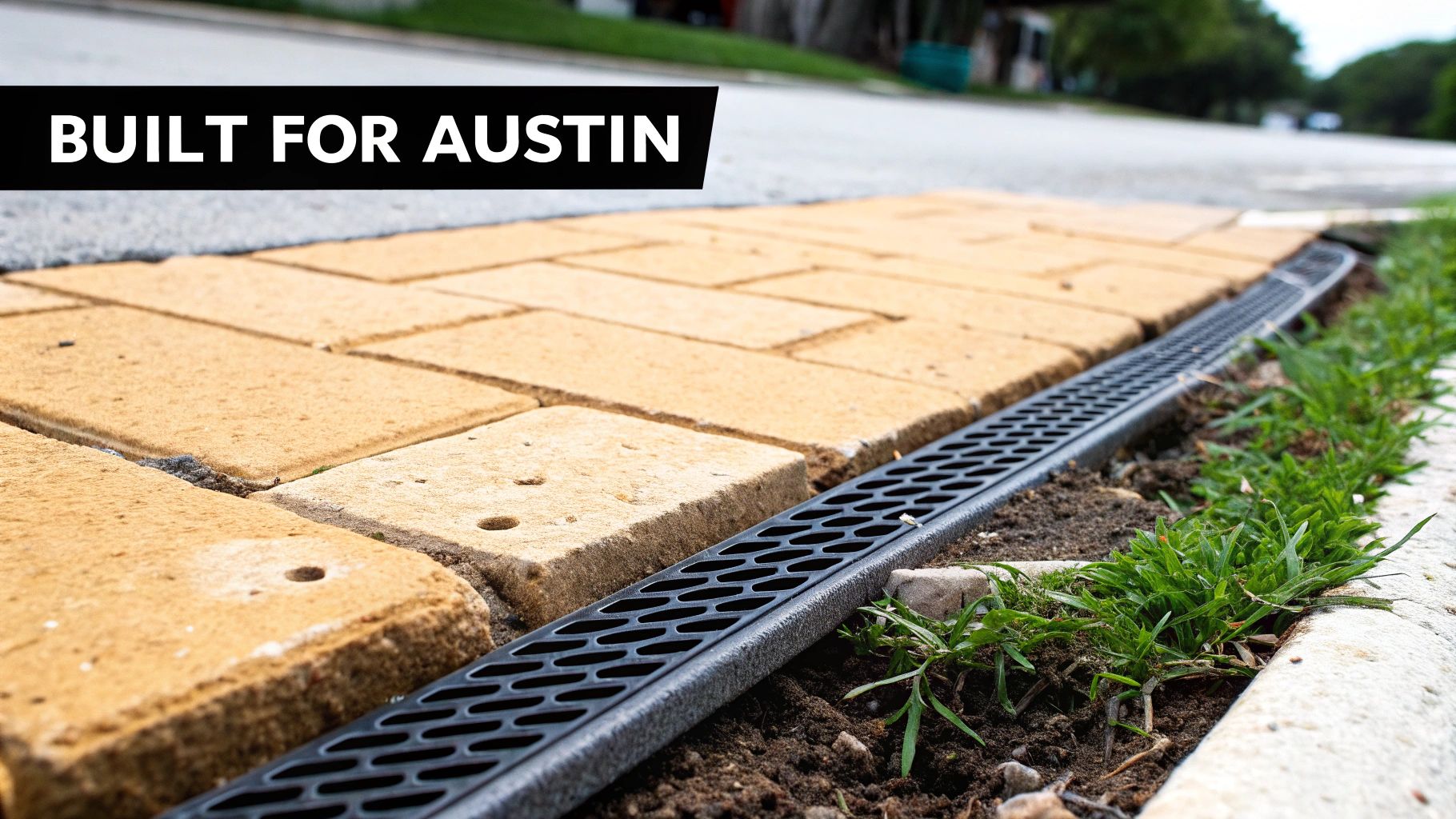 Close-up of interlocking tan pavers alongside a black drainage channel, grass, and a concrete curb. Text: BUILT FOR AUSTIN.
