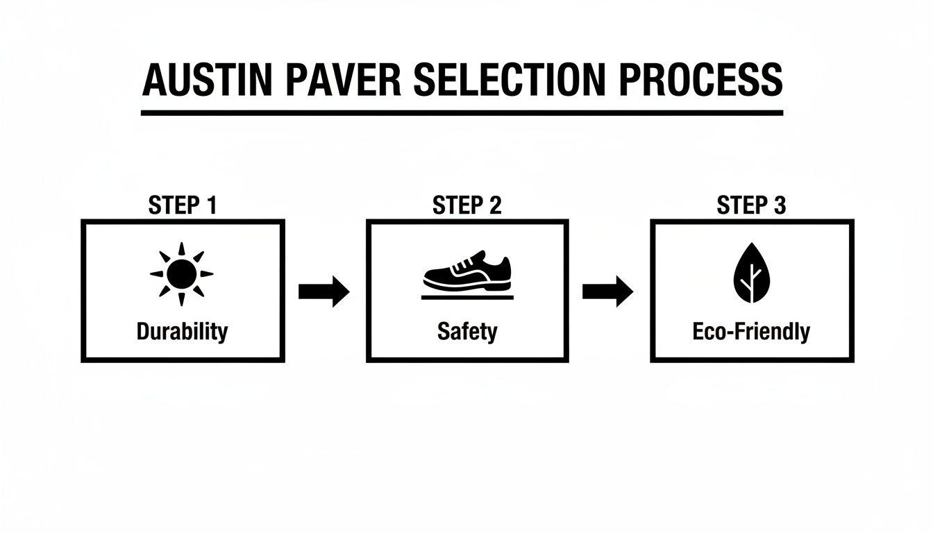A diagram illustrating the Austin paver selection process with steps for durability, safety, and eco-friendliness.