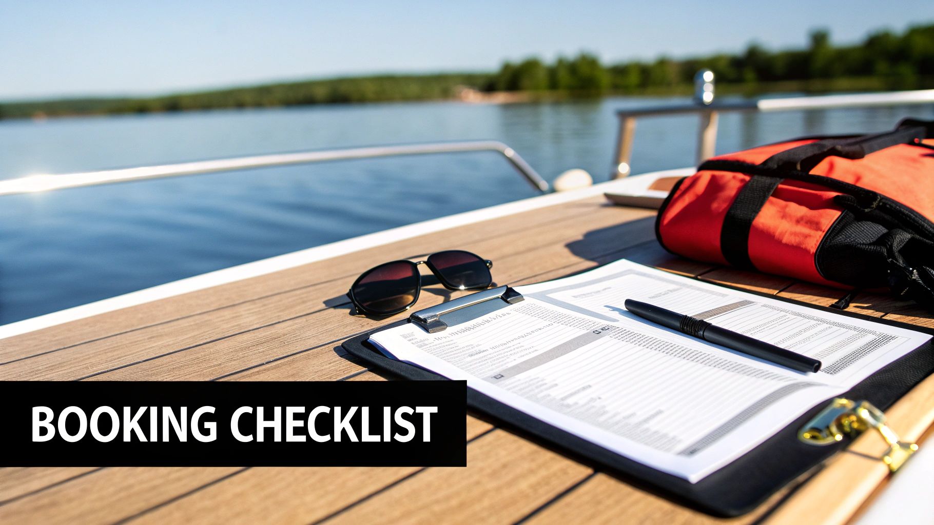 A booking checklist with sunglasses, a pen, and a life vest on a boat deck by a lake.