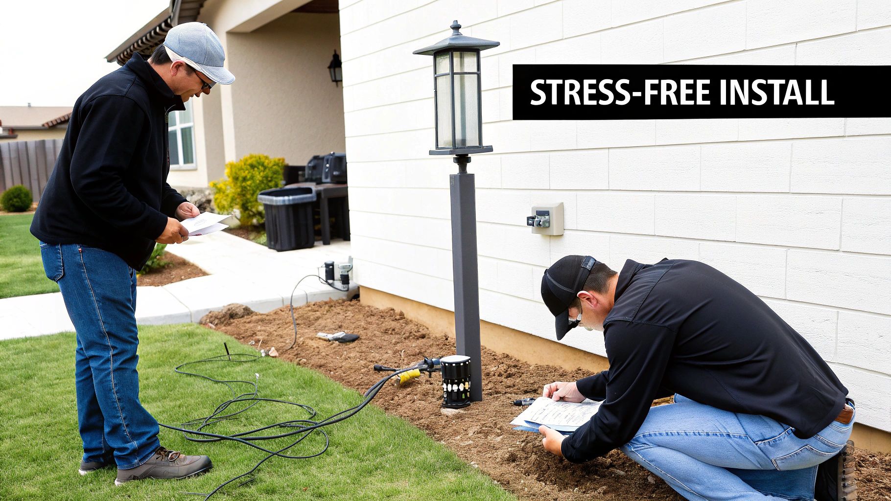 Two technicians installing outdoor lighting equipment next to a house, with “STRESS-FREE INSTALL” text visible.