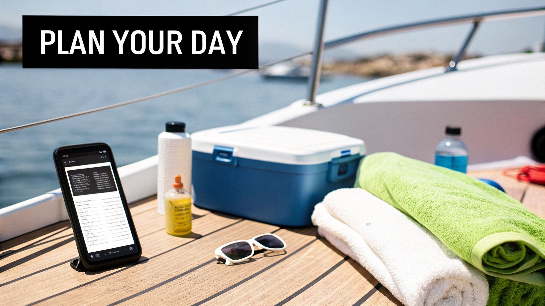 A boat deck with a smartphone displaying a daily plan, cooler, sunglasses, and towels, for a day on the water.