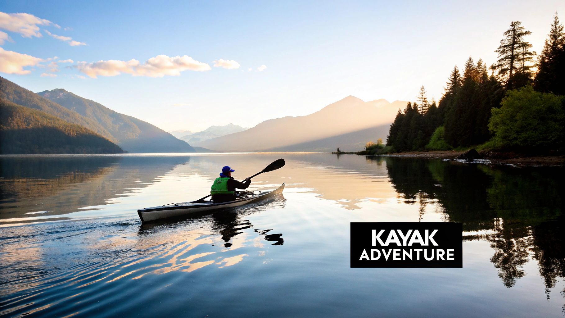A person in a kayak paddles on a calm lake surrounded by mountains and forests at sunset, promoting a kayak adventure.