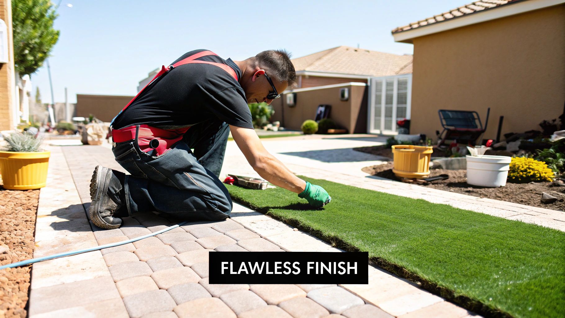 A professional installer meticulously working on a fake grass installation in an Austin backyard.