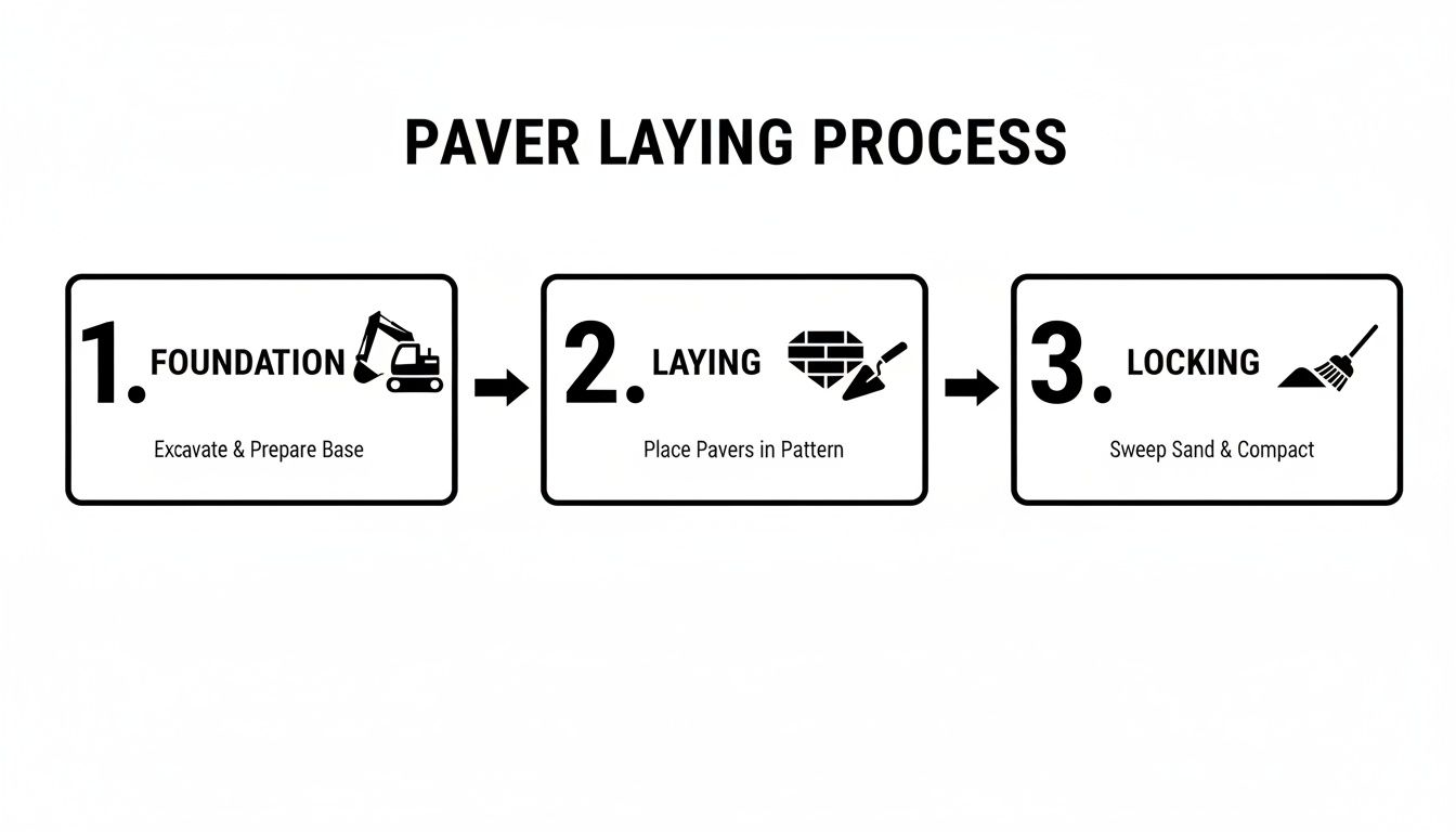 A three-step infographic outlining the paver laying process: foundation, laying, and locking.