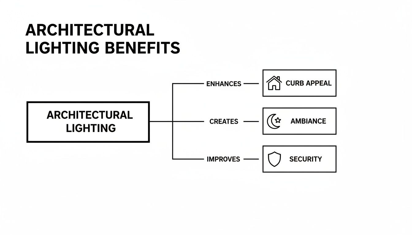 A clear diagram illustrating the benefits of architectural lighting, including enhanced curb appeal, created ambiance, and improved security.