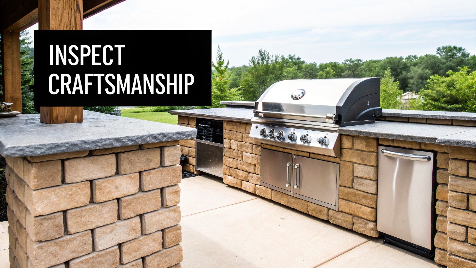 A beautiful, well-lit outdoor kitchen with stone veneer and stainless steel appliances at dusk.