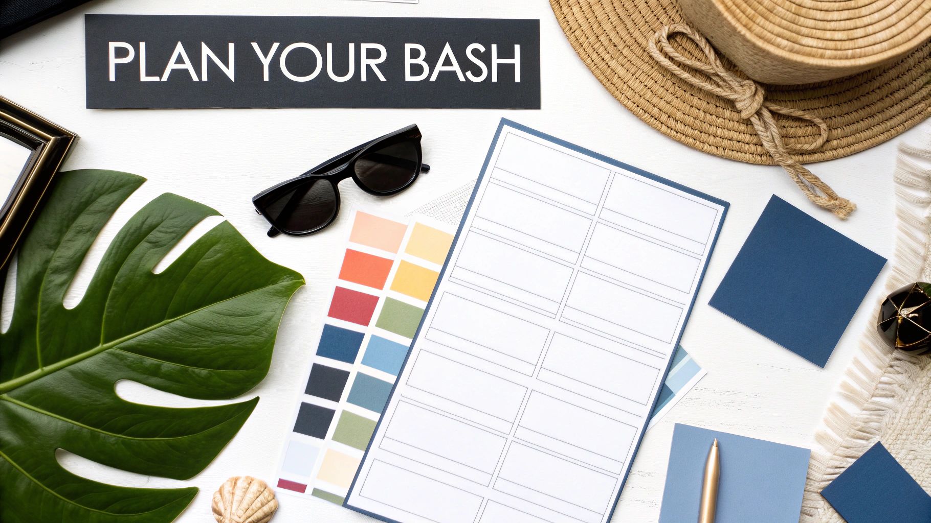 A flat lay of party planning essentials with a 'PLAN YOUR BASH' sign, planner, color palette, and tropical accessories.