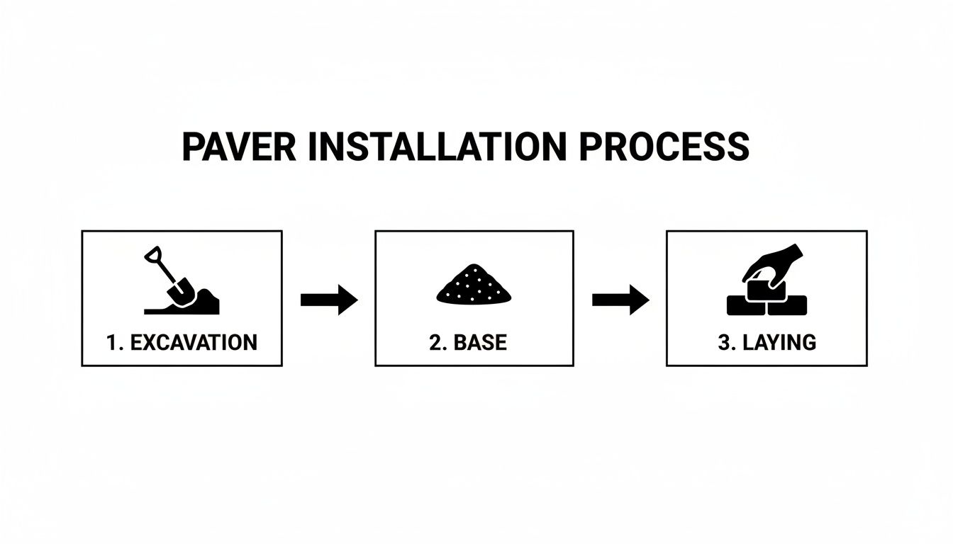 Diagram illustrating the three steps of paver installation: excavation, base preparation, and laying.