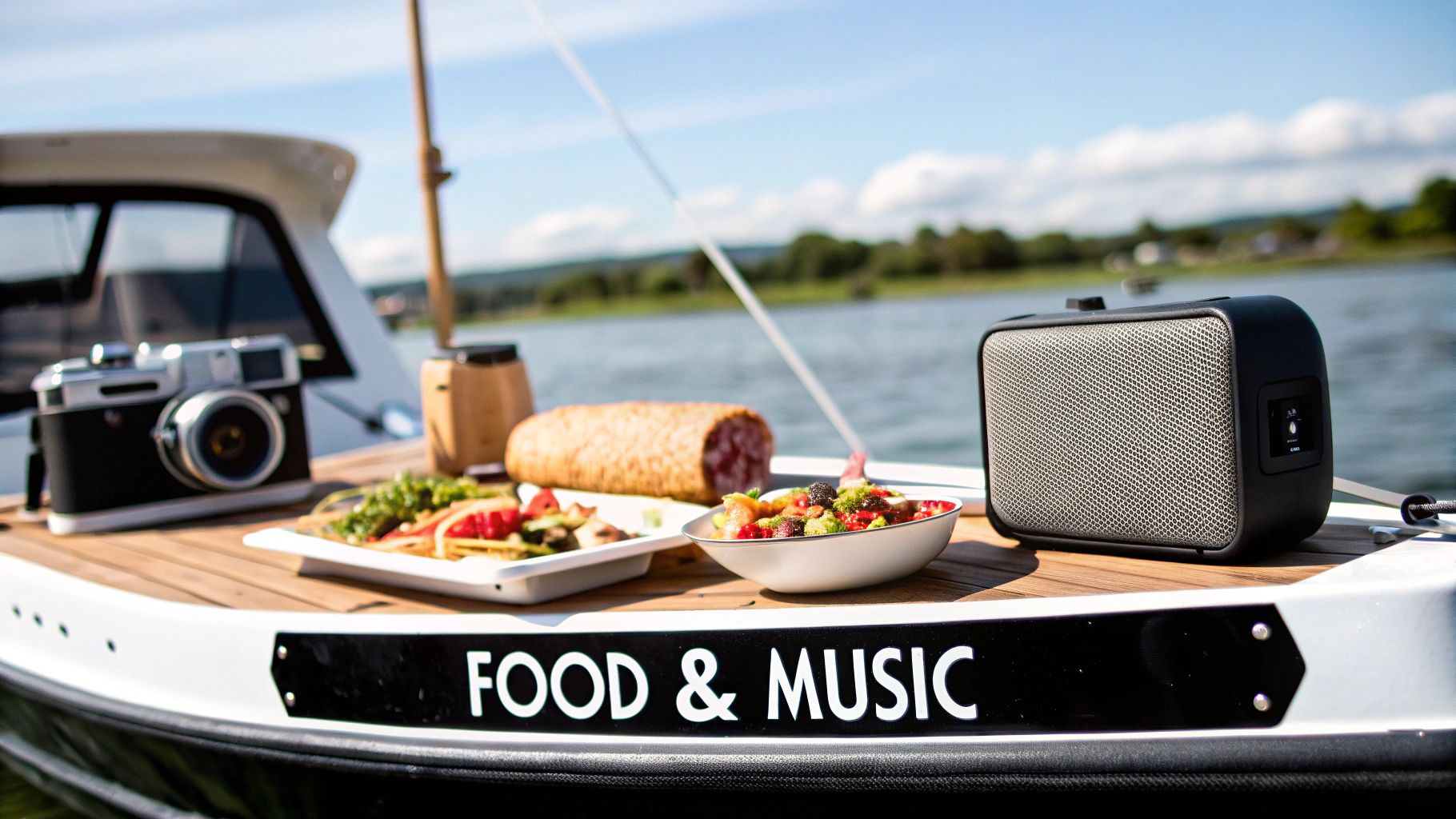 Boat deck with portable speaker, gourmet food, camera and drinks on sunny lake