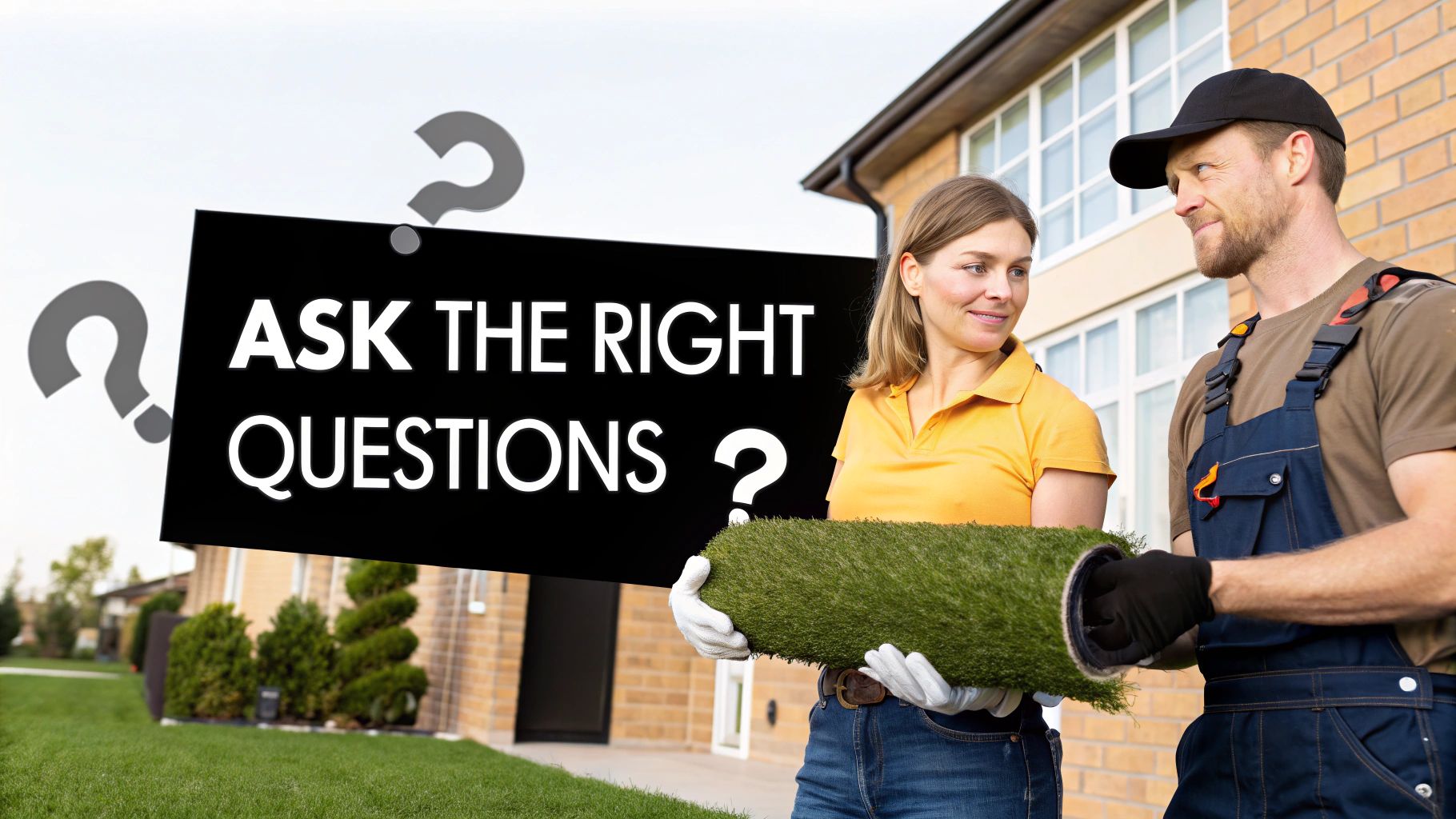A person asking questions to a turf installer who is holding a clipboard.