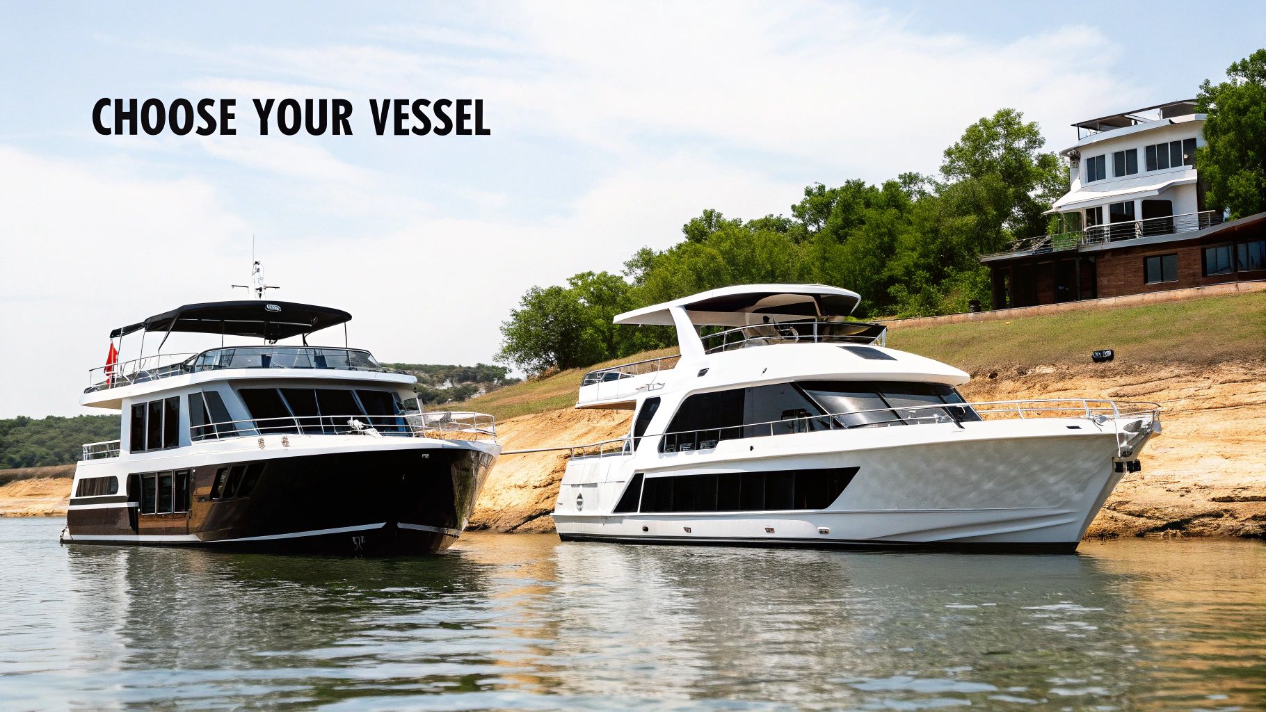Two impressive luxury vessels, a black house-boat and a white yacht, moored on tranquil water.