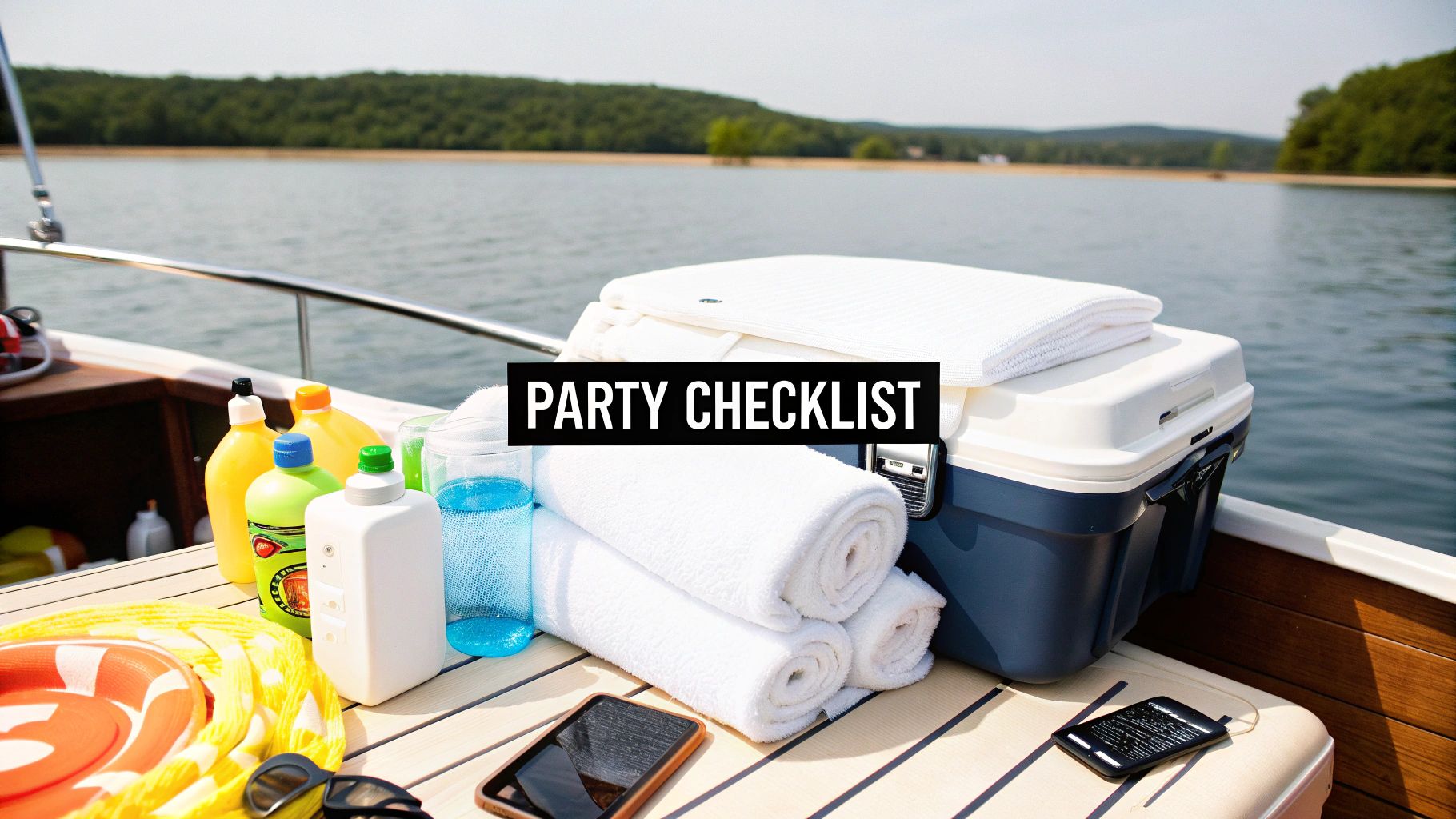 A 'Party Checklist' banner over a boat deck with drinks, towels, cooler, and sunglasses, on a lake.