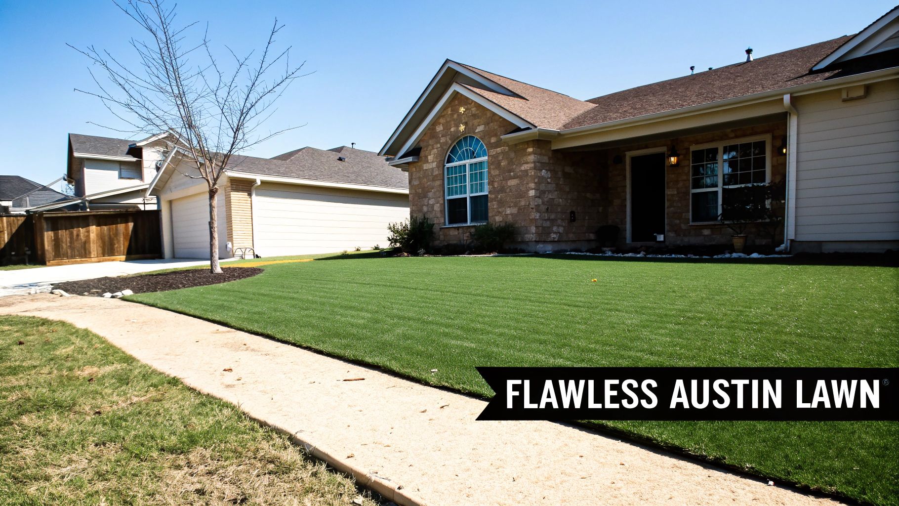 A perfectly manicured, vibrant green artificial turf lawn in front of a stone house with a clear blue sky.