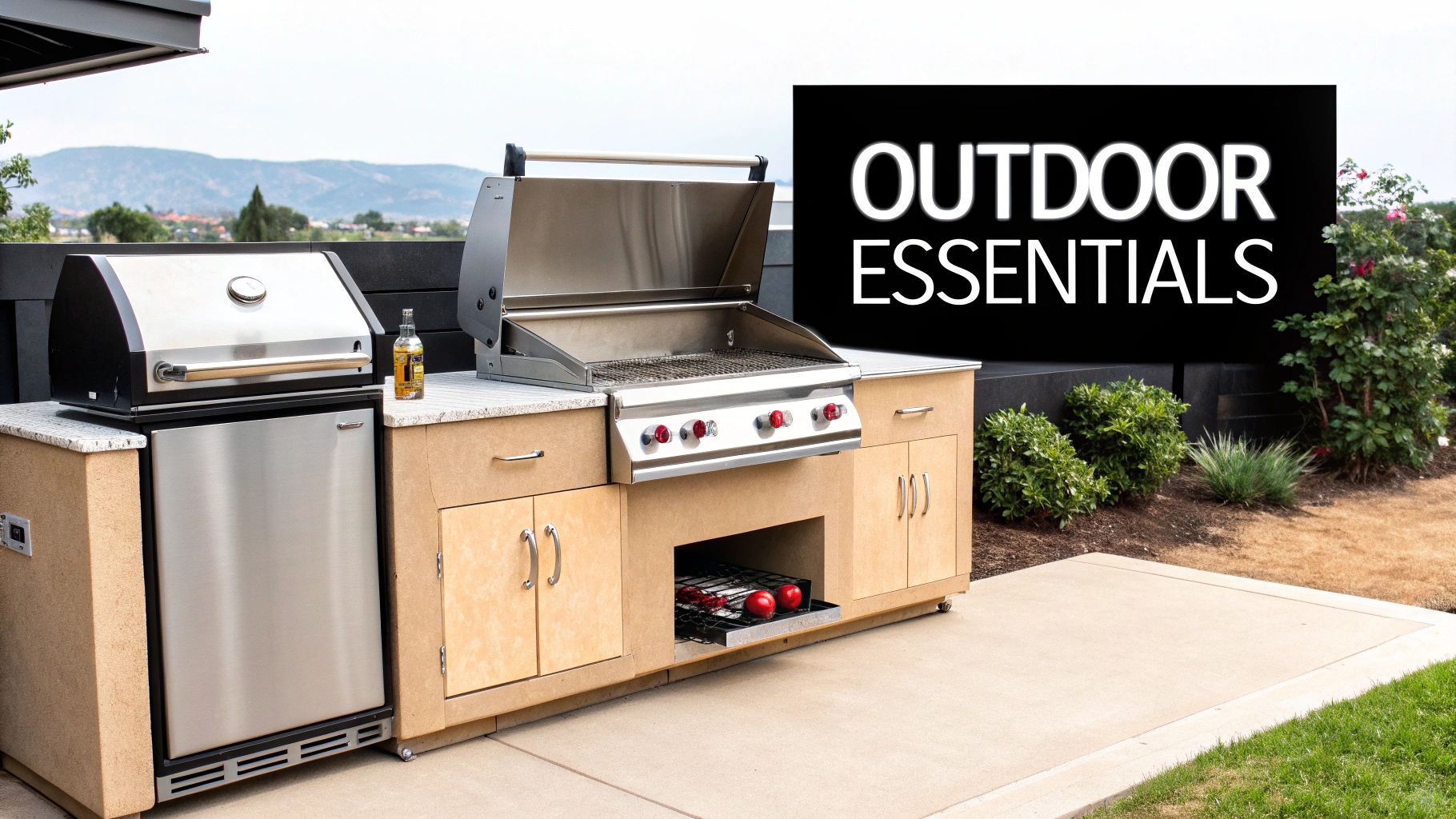 A modern outdoor kitchen with stainless steel grills, a refrigerator, and wooden cabinets under an open sky.