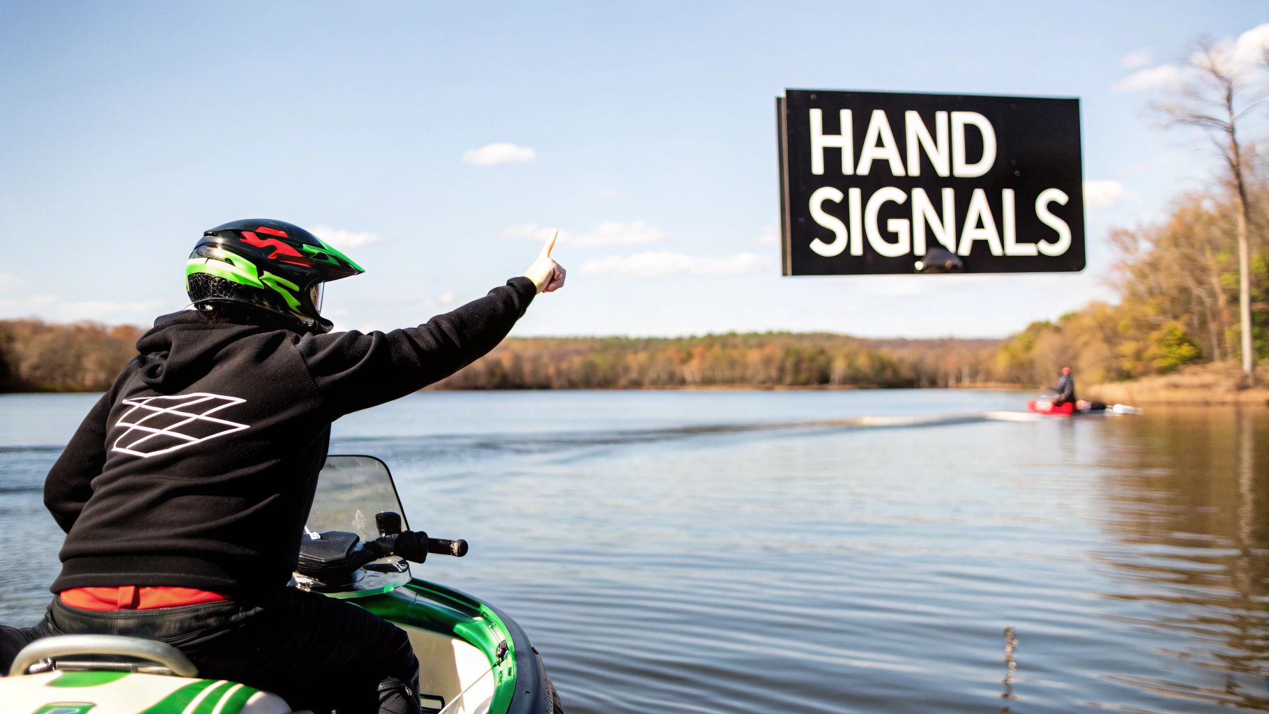 Person on a jet ski pointing to a 'HAND SIGNALS' sign above a lake.