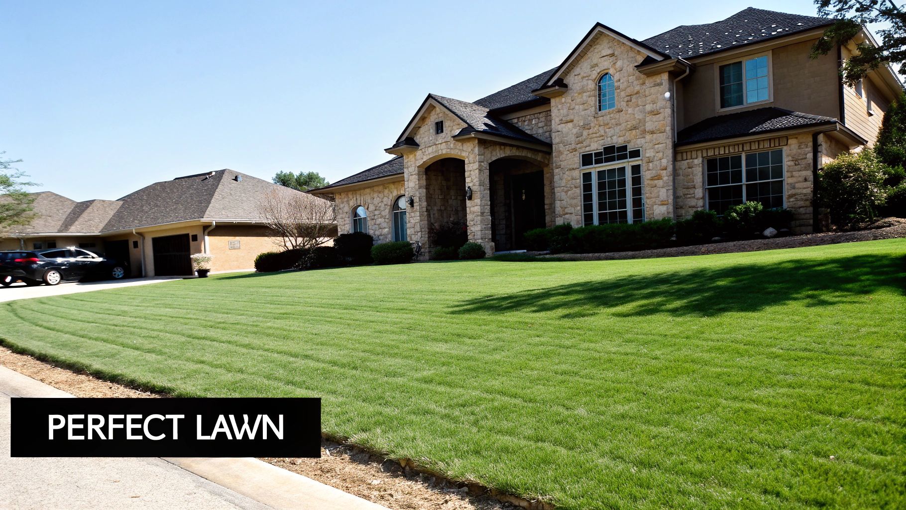A beautiful, lush artificial turf lawn in a backyard with landscaping
