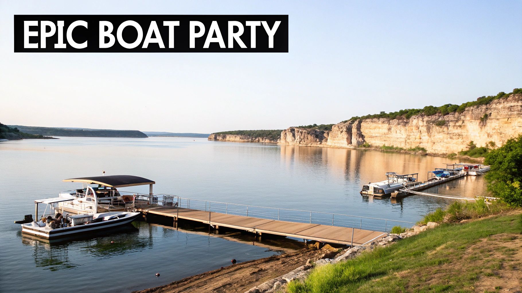 A scenic lake with tall cliffs, a long wooden pier, and several boats, including a large houseboat, under a clear sky.