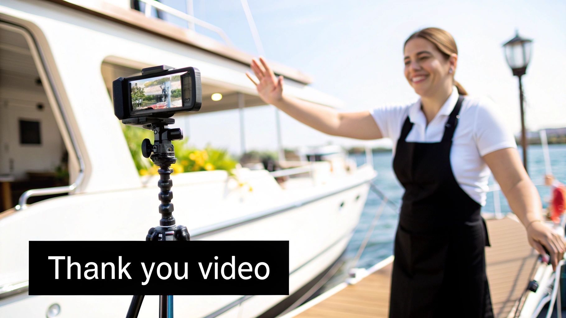 Smiling woman in an apron records a thank you video on a smartphone by a white boat on a sunny day.