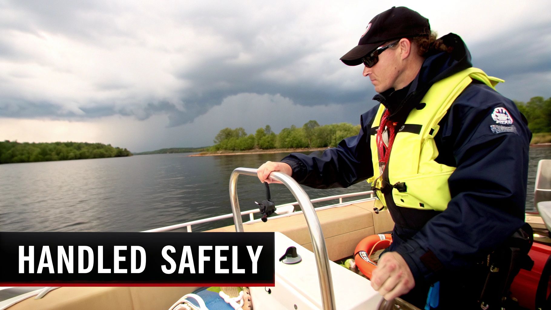 A man in a life vest and cap navigates a boat on a lake under a cloudy sky.