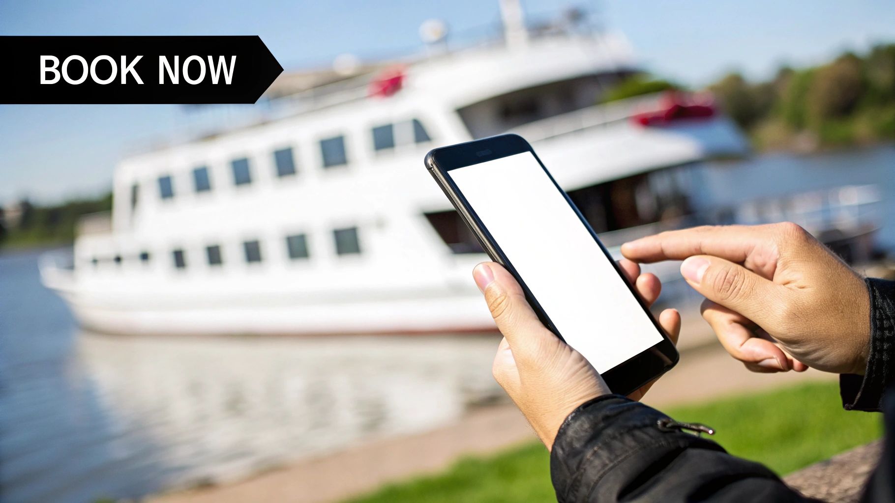 Person using a smartphone to book a party boat rental with a large white boat in the background.