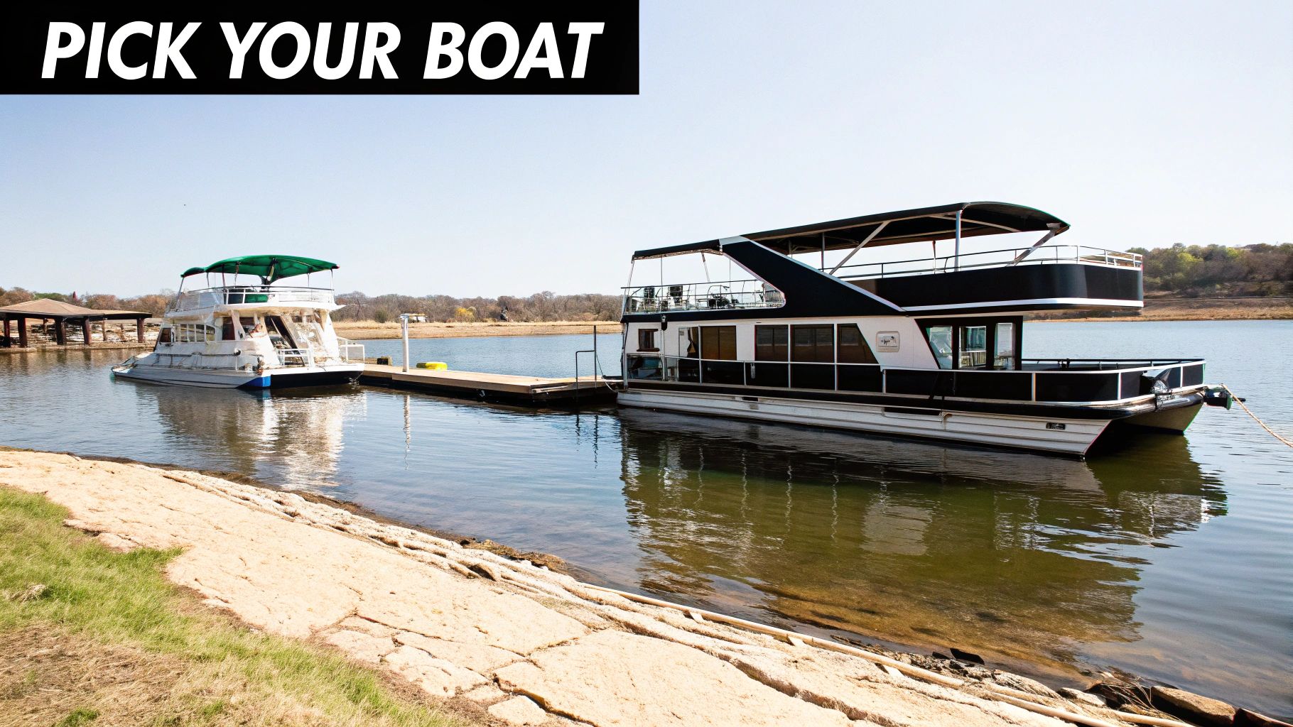 Two large houseboats, one white and one black, are docked at a pier on a sunny lake.