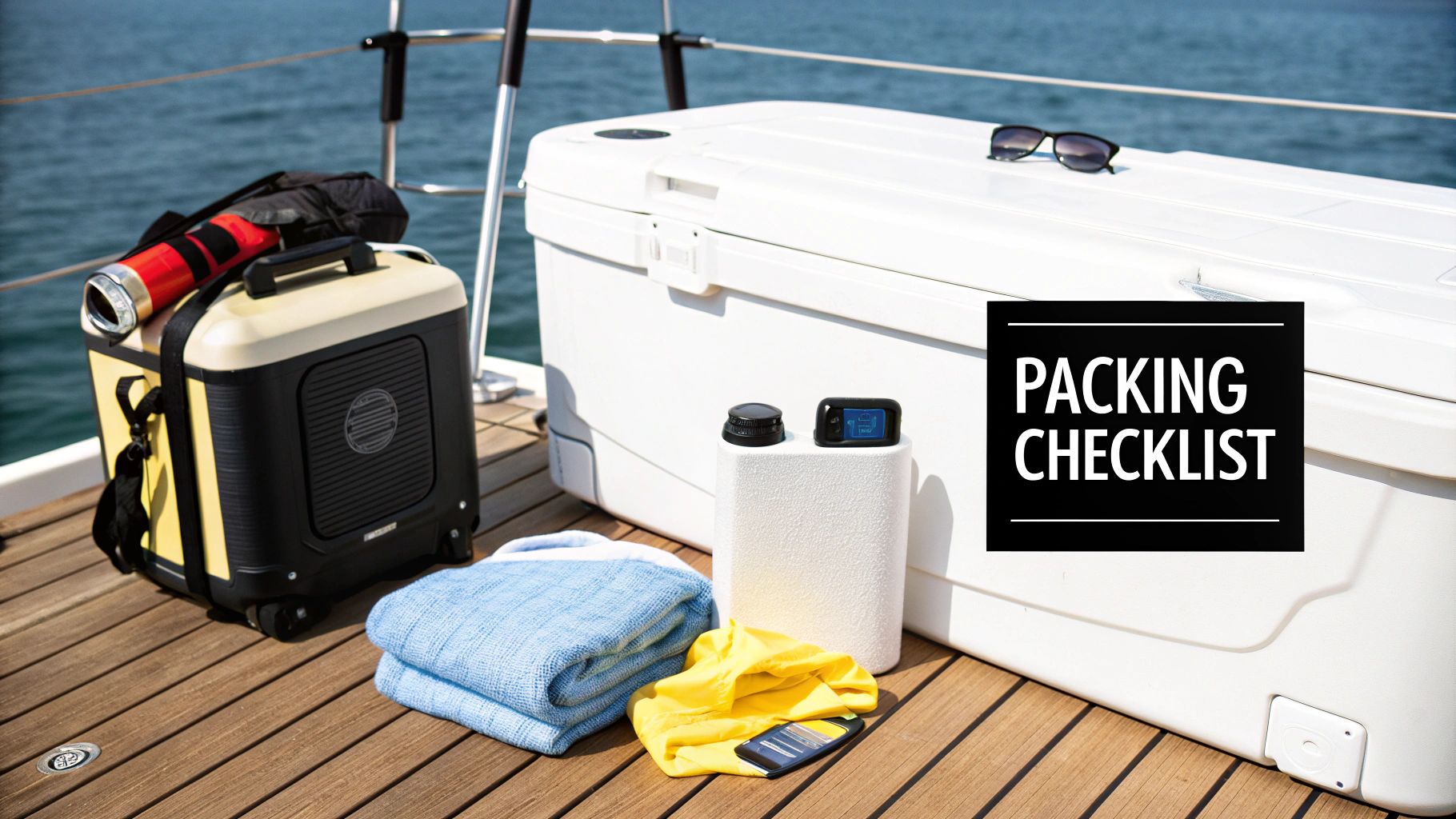 Essentials for a boat trip: a cooler, portable power station, towels, and gadgets on a wooden deck.