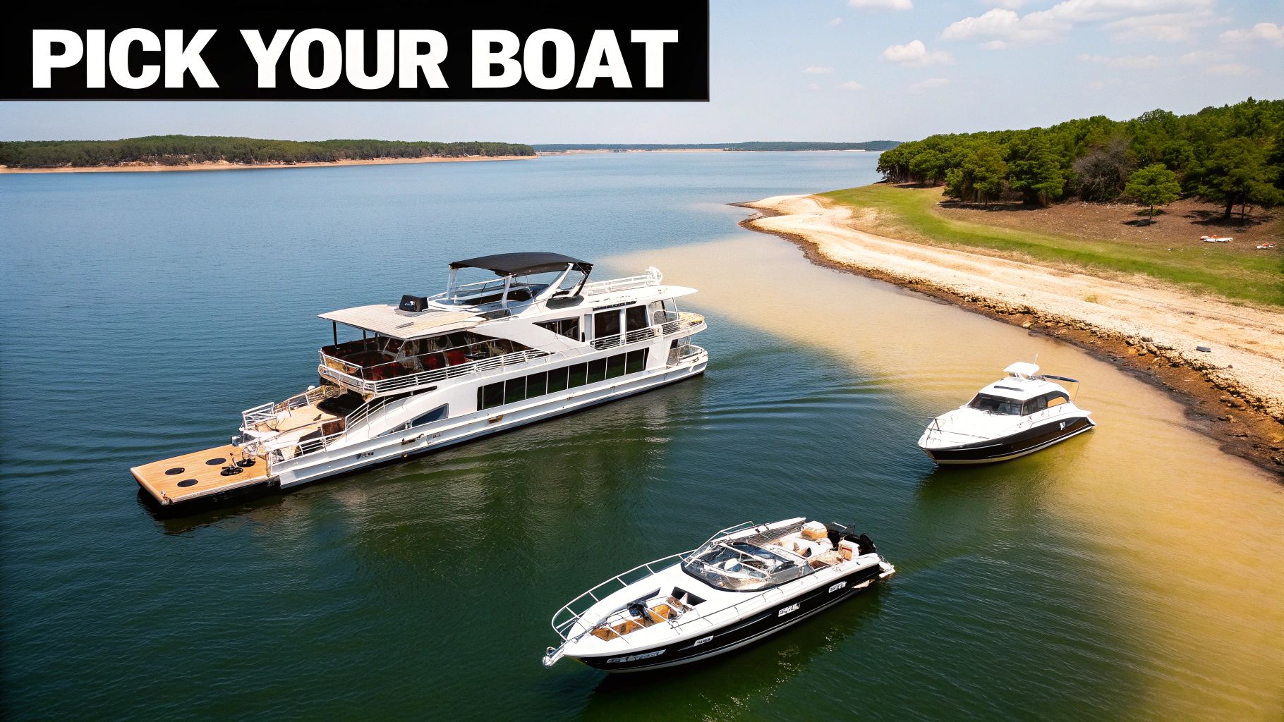 An aerial view of three diverse boats on a lake, including a large houseboat and smaller vessels.