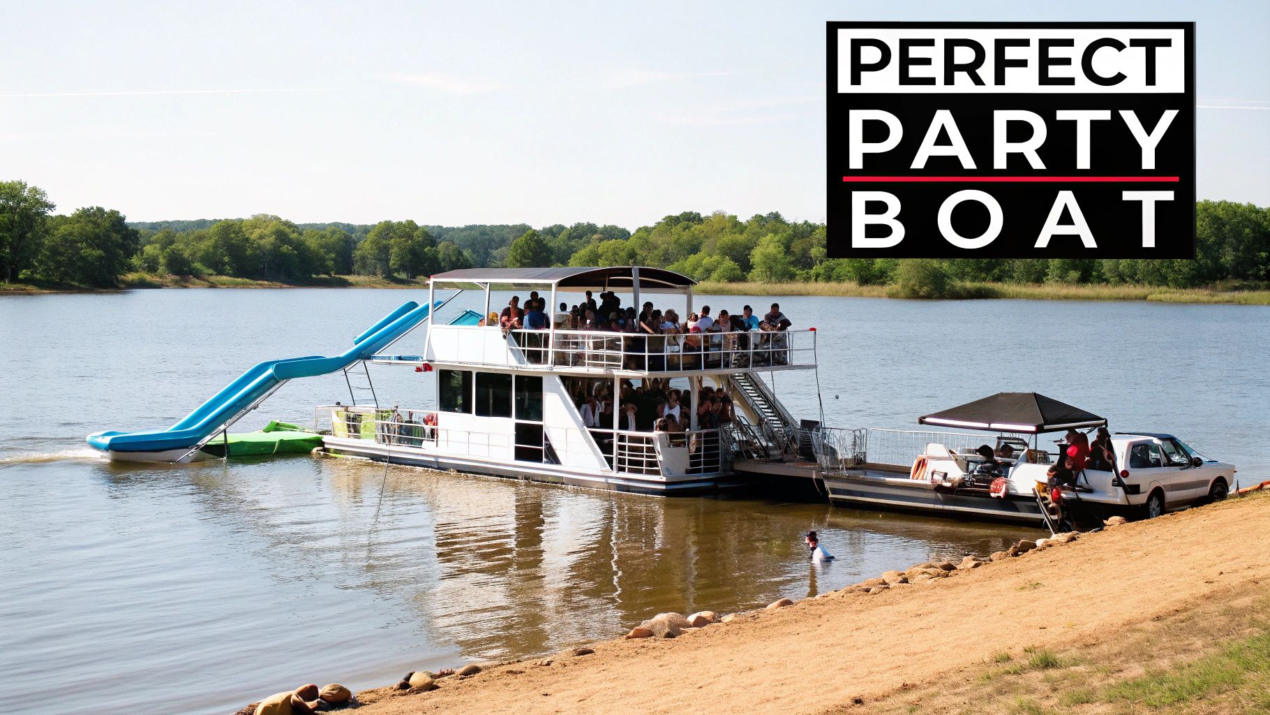 A vibrant scene of a multi-level party boat with a slide on a sunny lake, full of people.