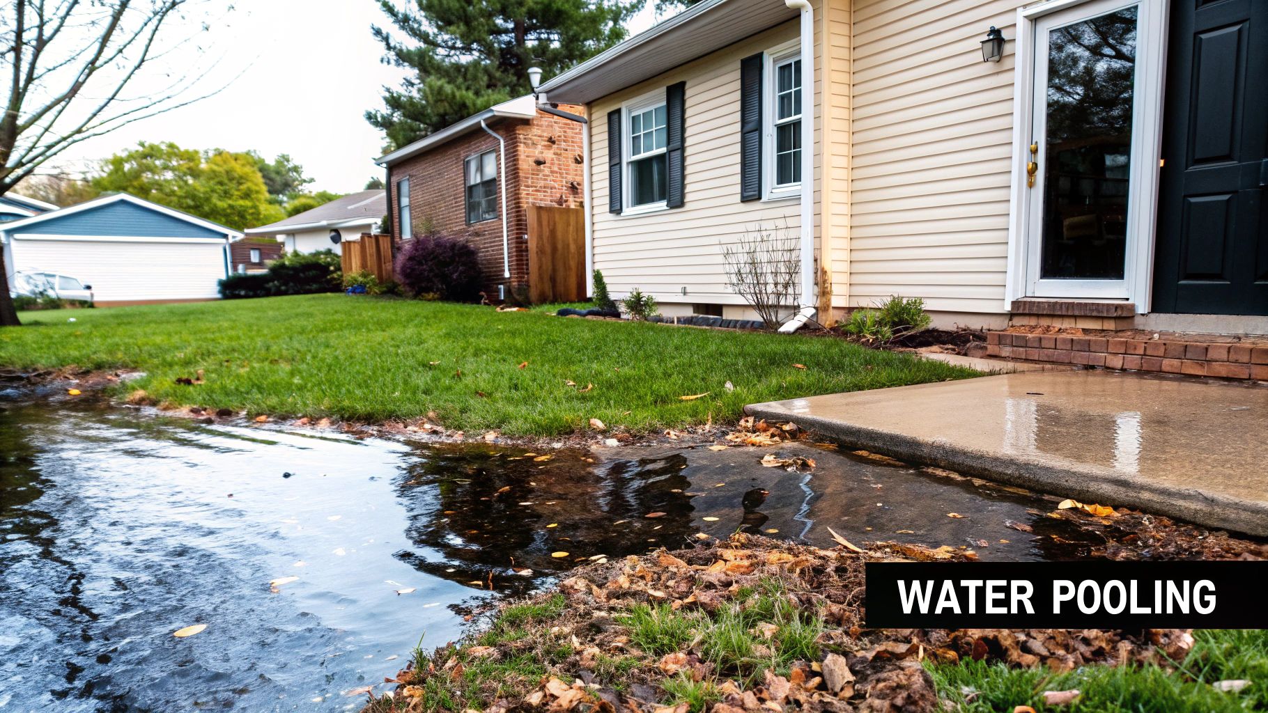 A well-drained yard with a neat drainage system installed near a home's foundation.