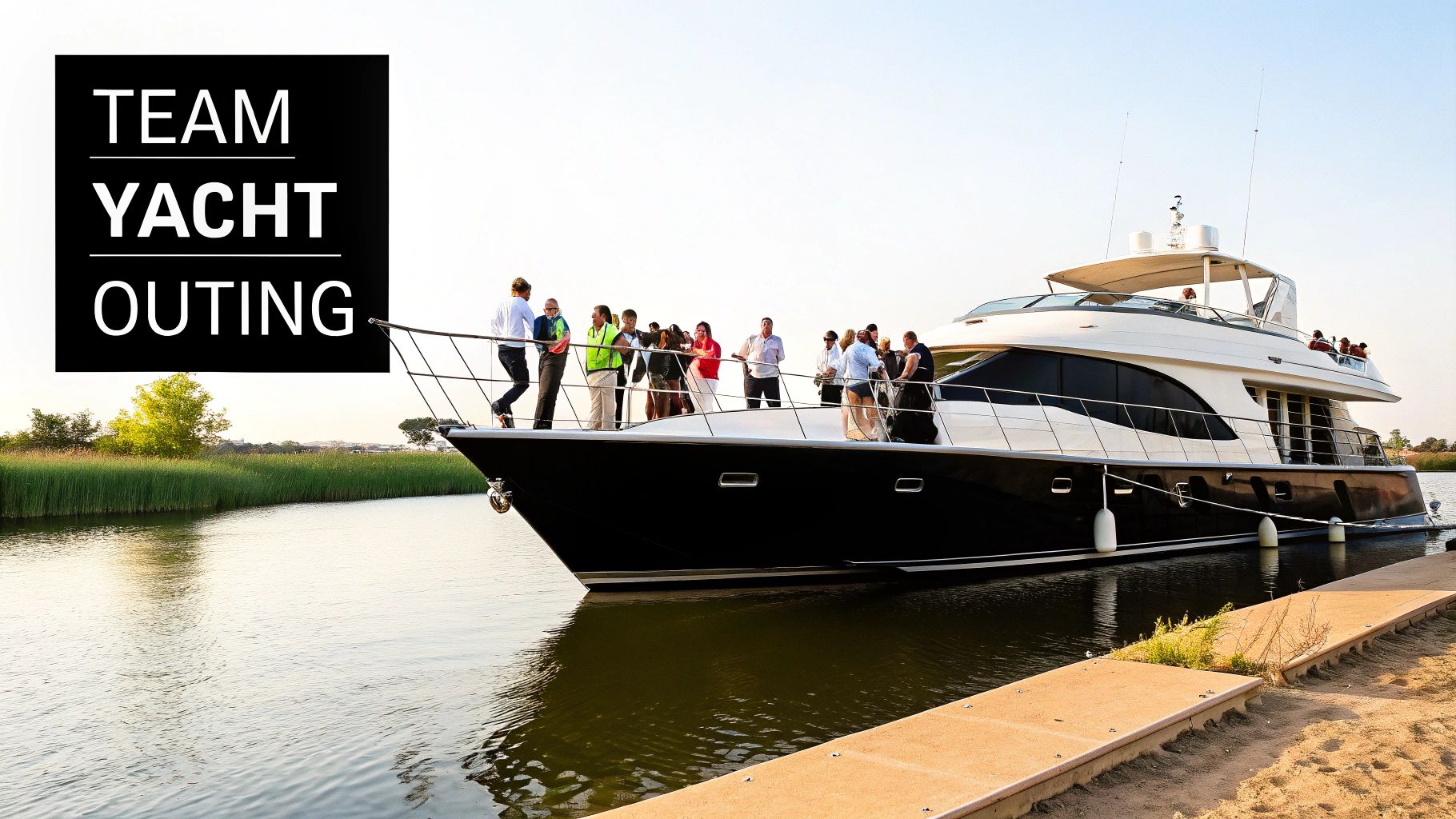 A group of colleagues enjoying a team yacht outing on a sunny day.