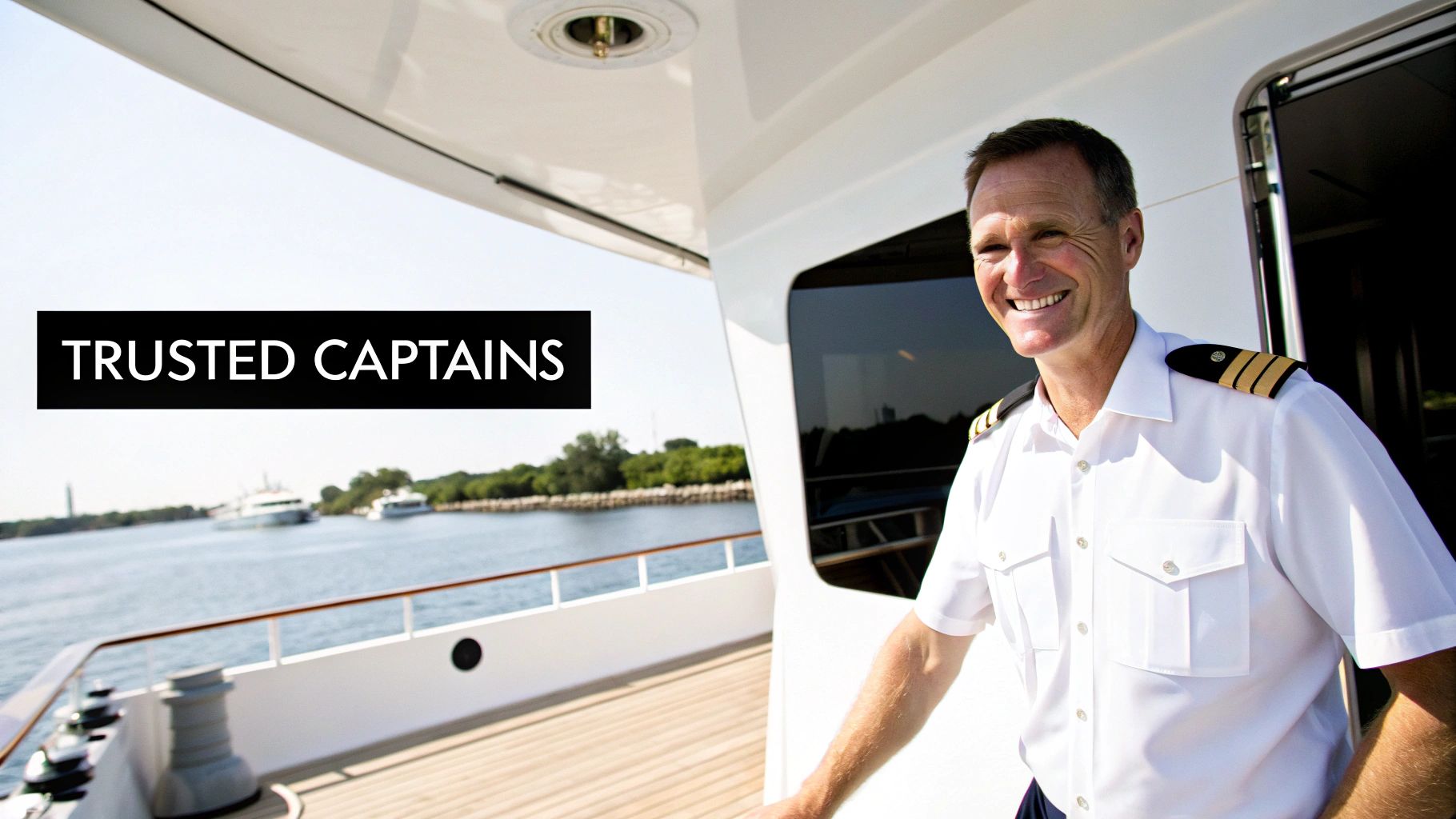 A smiling captain in uniform on a yacht deck with water in the background and 'TRUSTED CAPTAINS' text.